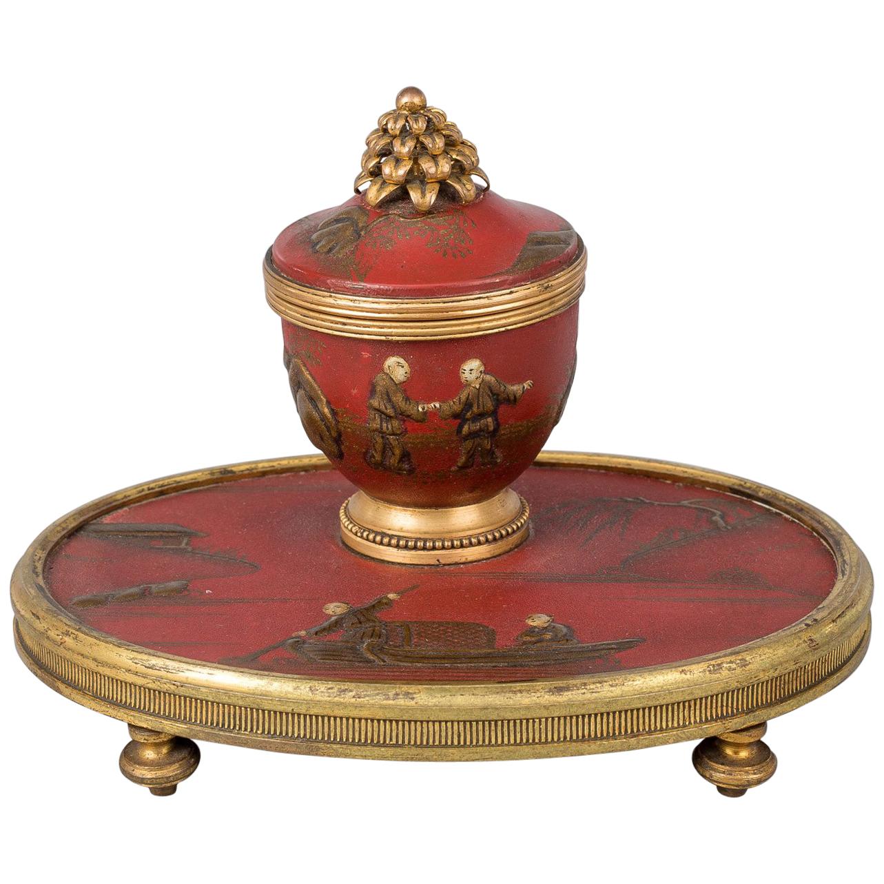 Antique Red Lacquered Chinoiserie and Bronze Inkstand For Sale
