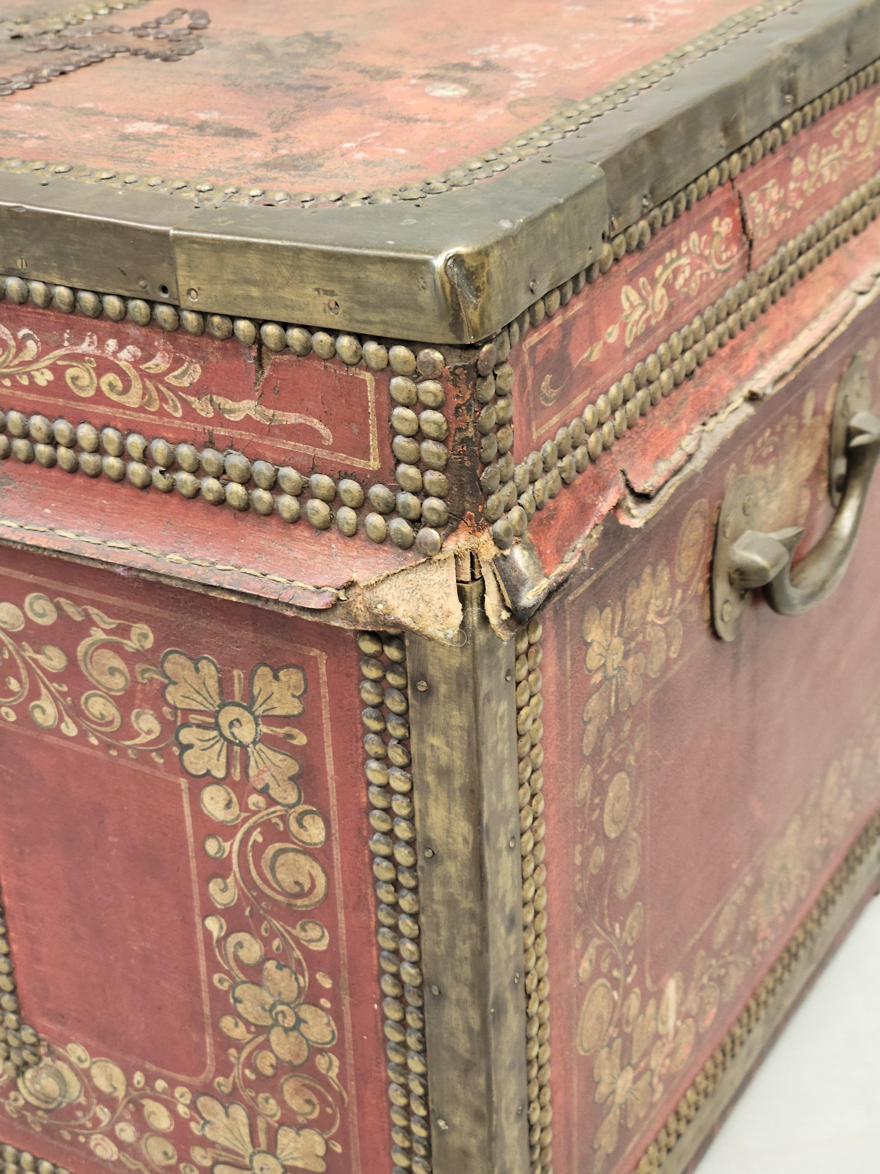 Antique Red Leather, Brass and Camphor Wood Chinese Export Trunk For Sale 8