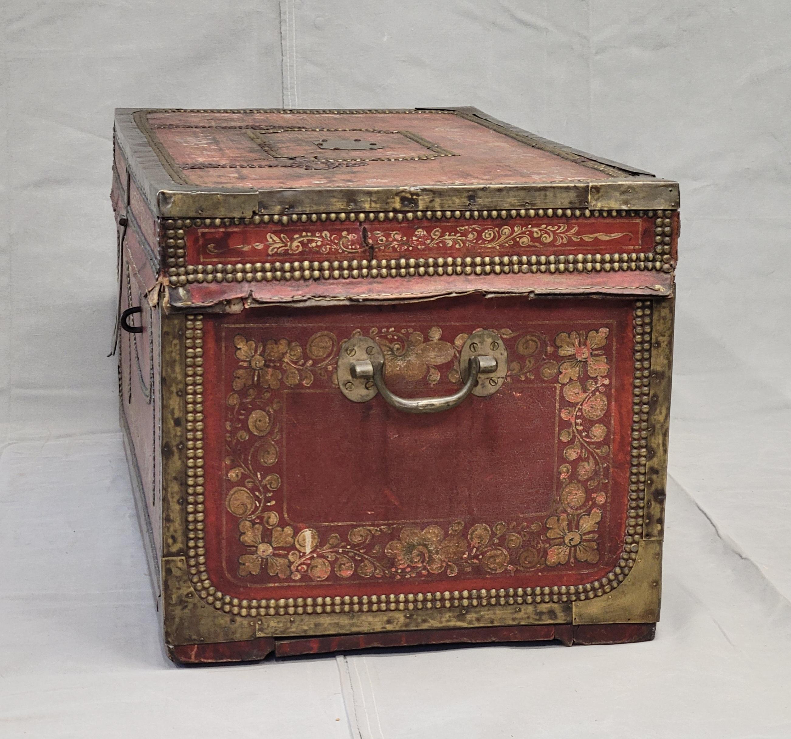Antique Red Leather, Brass and Camphor Wood Chinese Export Trunk For Sale 11