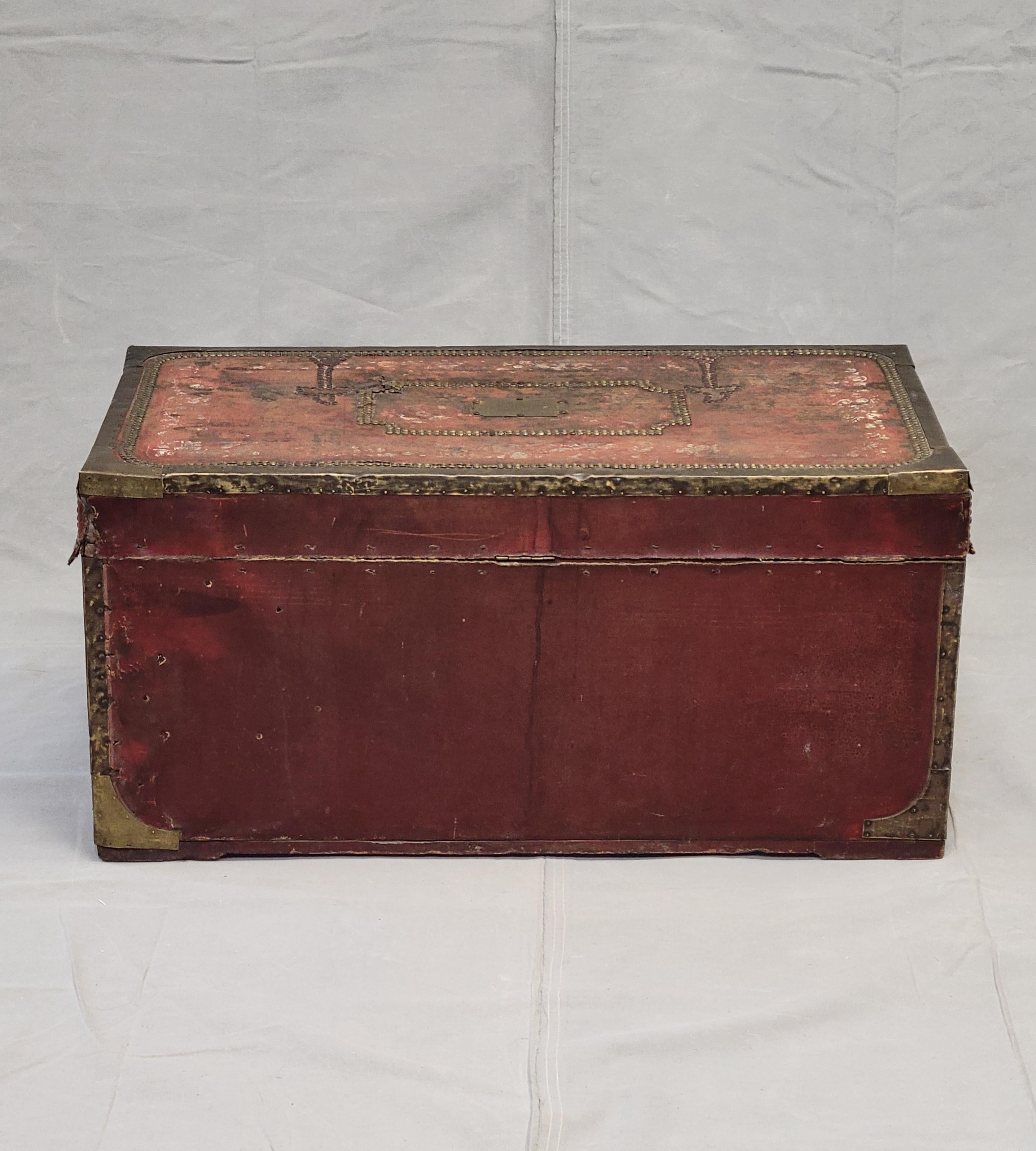 Antique Red Leather, Brass and Camphor Wood Chinese Export Trunk For Sale 13