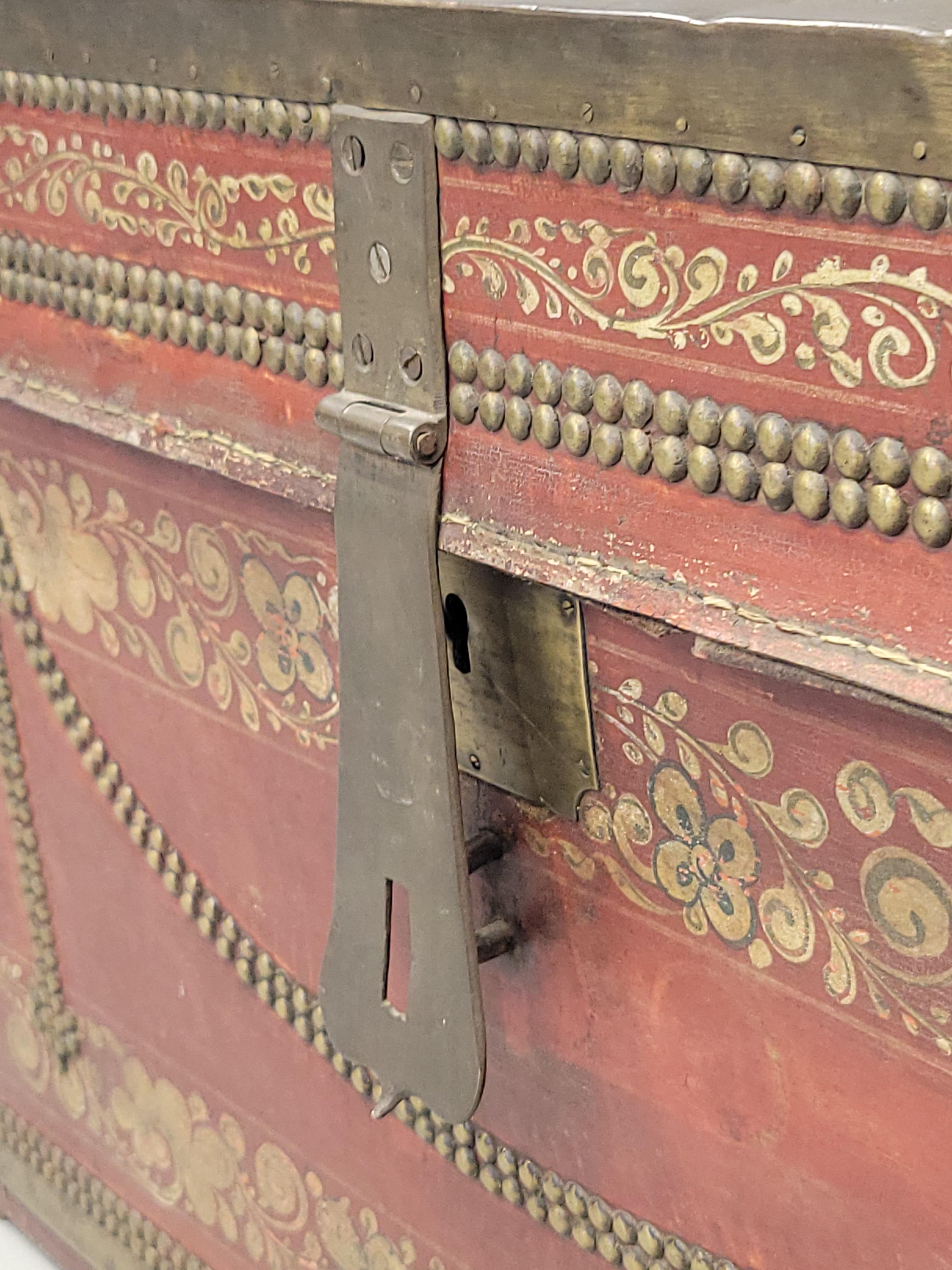 Hand-Crafted Antique Red Leather, Brass and Camphor Wood Chinese Export Trunk For Sale