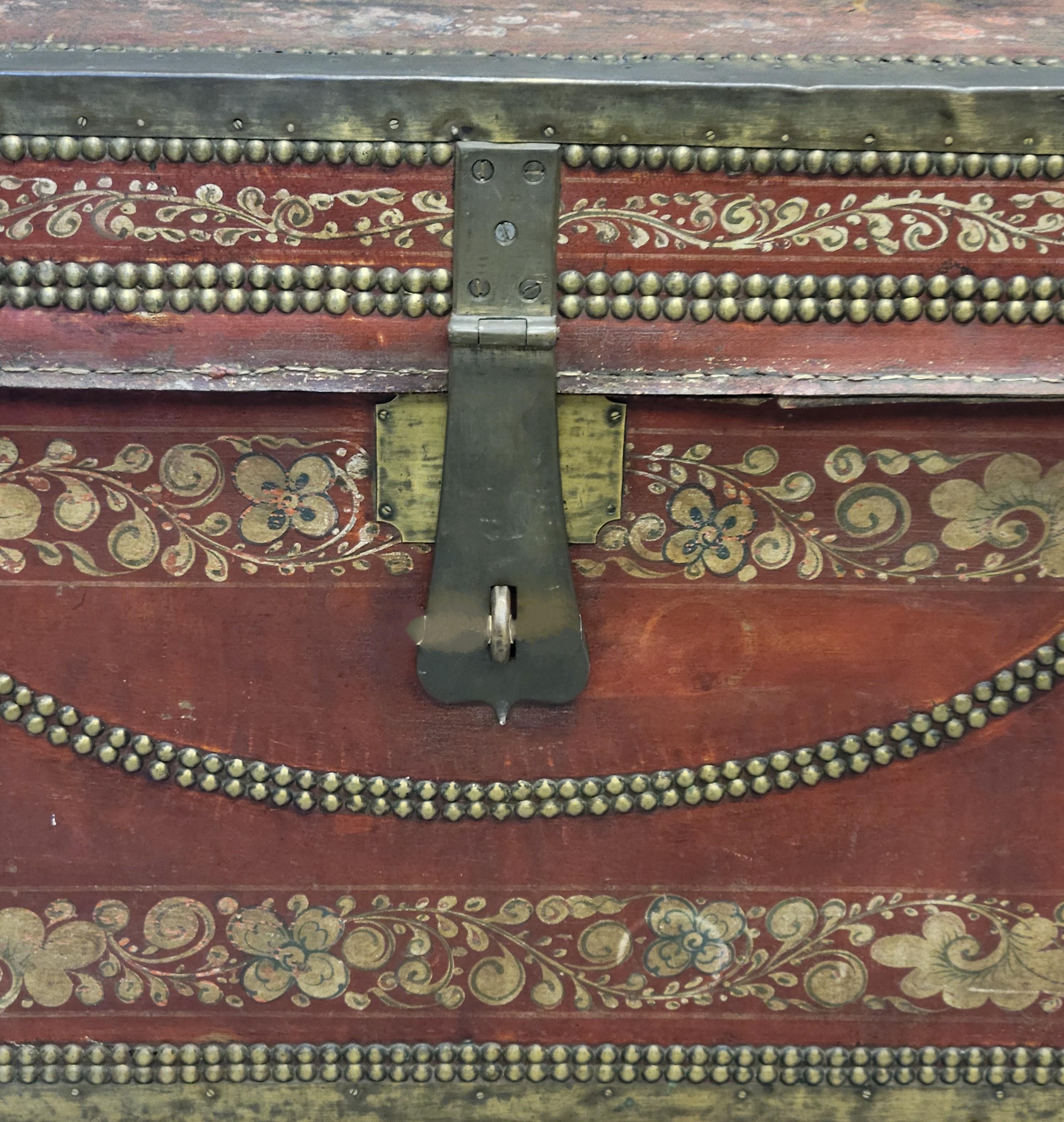 Antique Red Leather, Brass and Camphor Wood Chinese Export Trunk In Good Condition For Sale In Centennial, CO