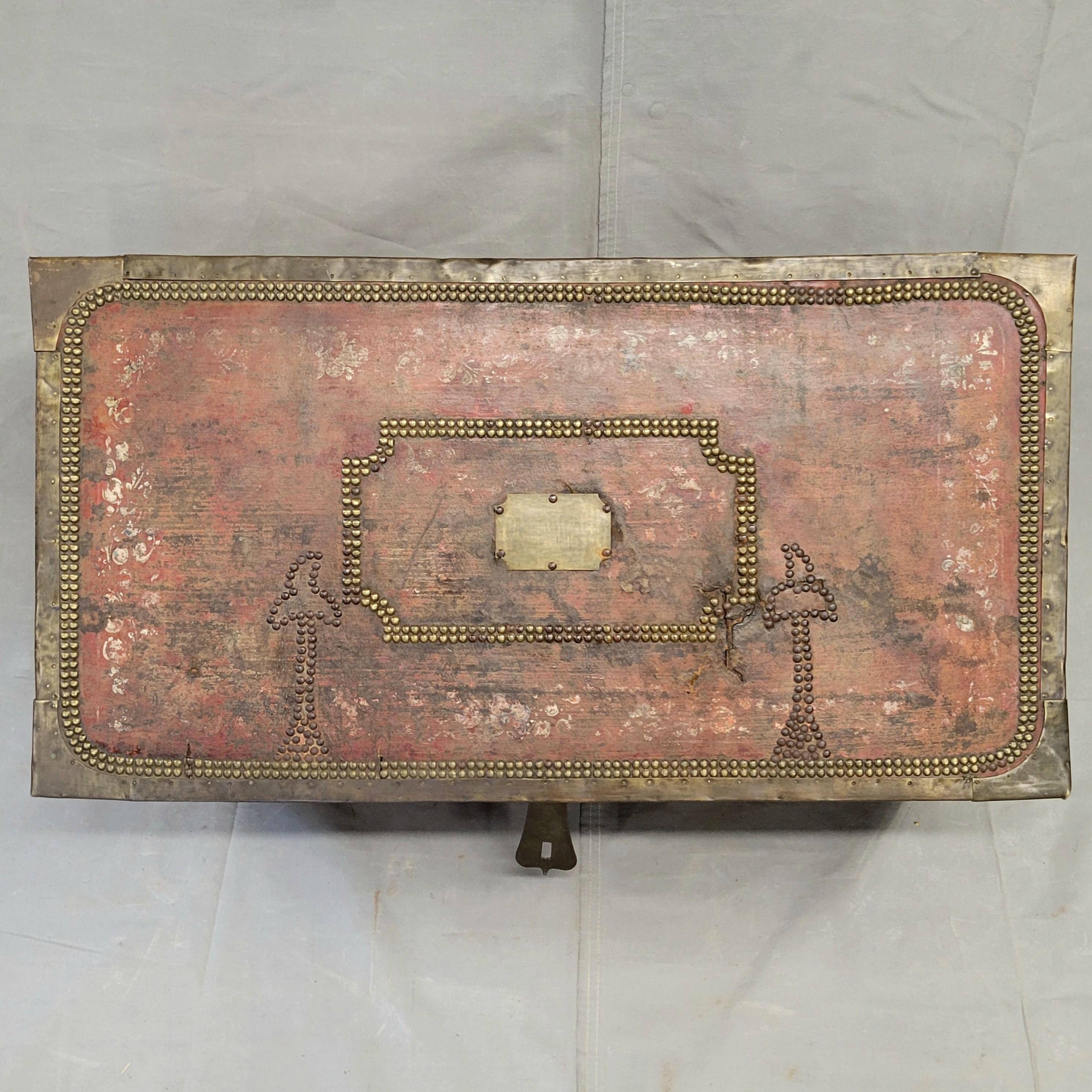 19th Century Antique Red Leather, Brass and Camphor Wood Chinese Export Trunk For Sale