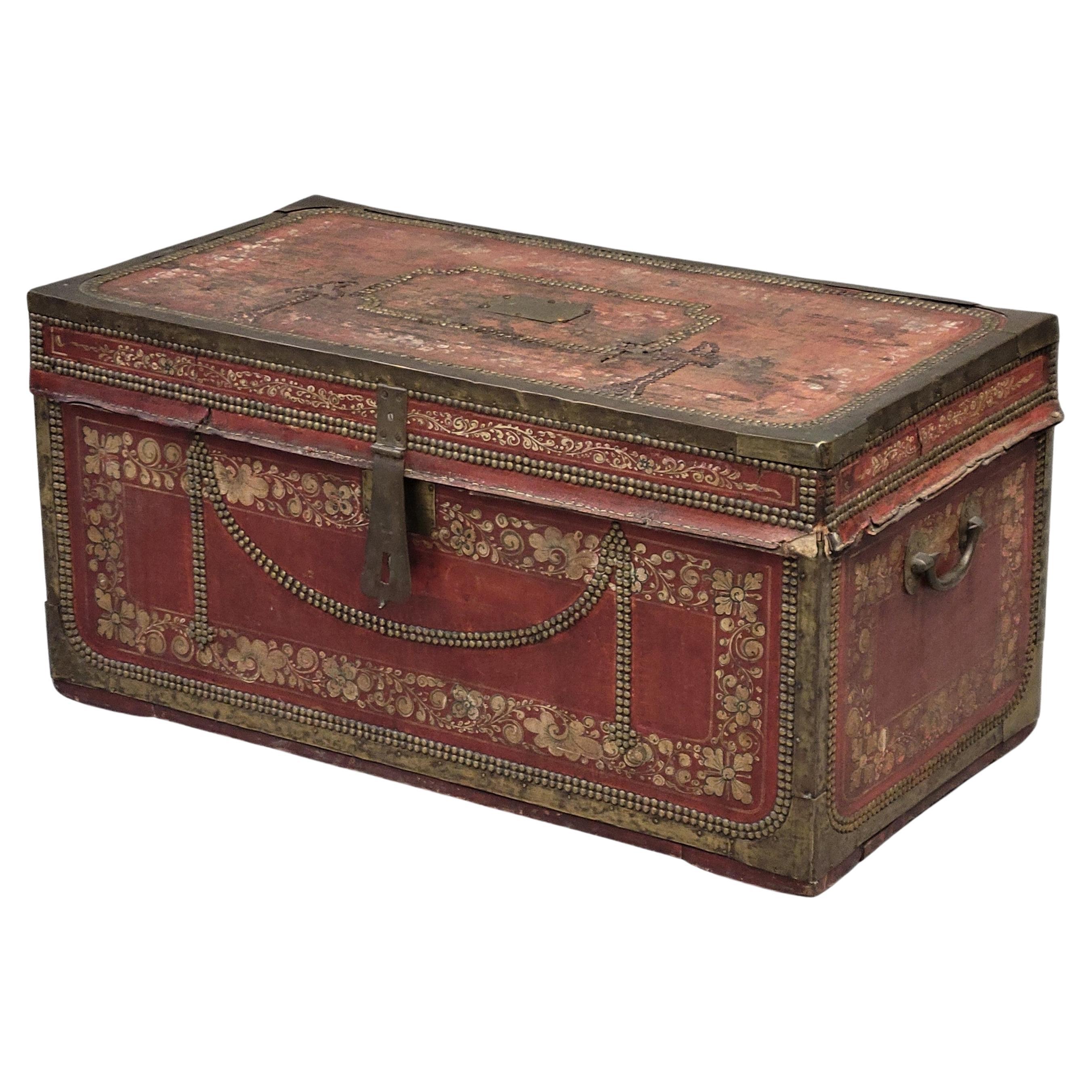 Antique Red Leather, Brass and Camphor Wood Chinese Export Trunk For Sale