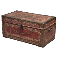 Vintage Red Leather, Brass and Camphor Wood Chinese Export Trunk
