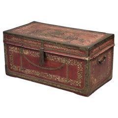 Antique Red Leather, Brass and Camphor Wood Chinese Export Trunk
