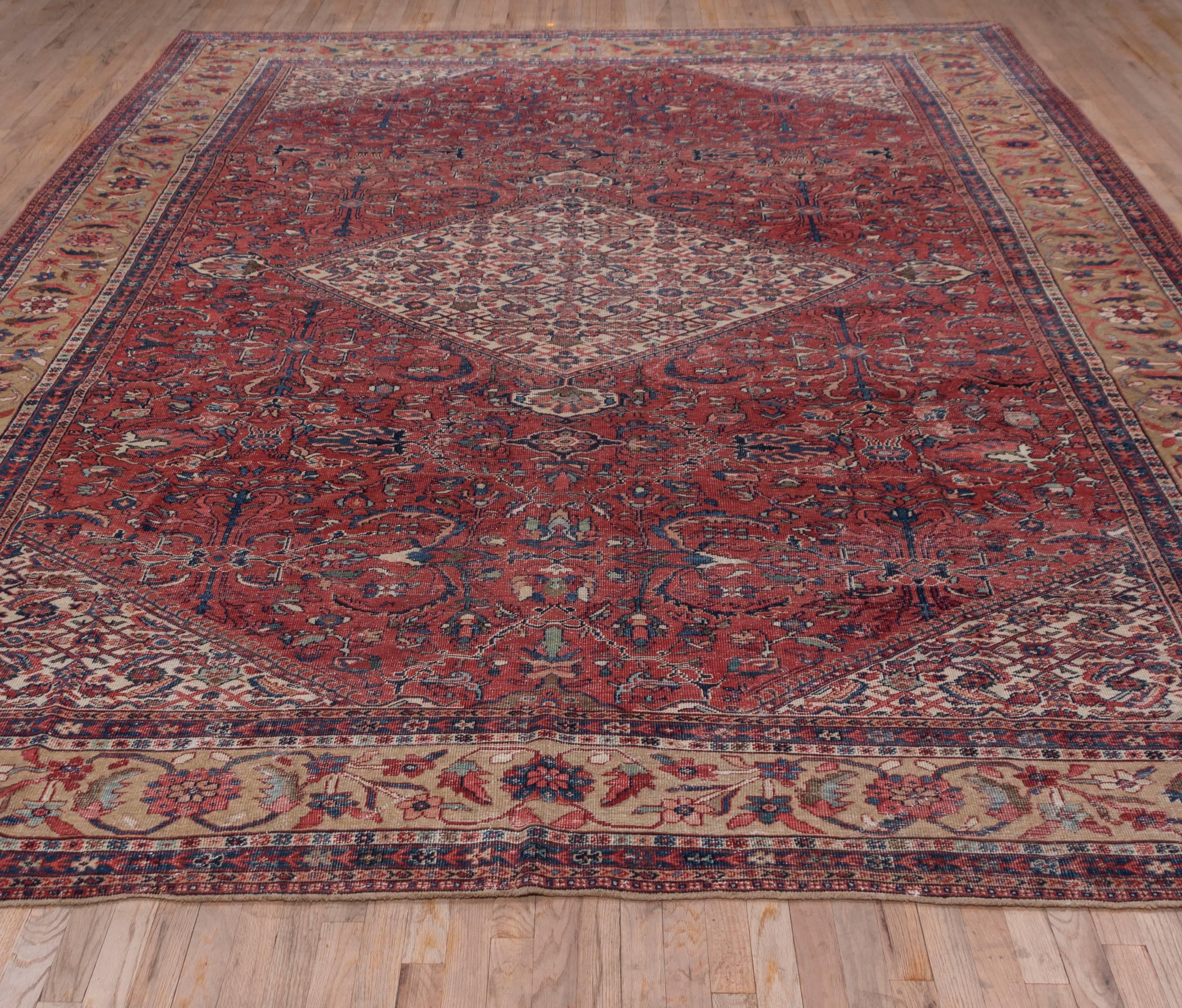 This west Persian rustic carpet shows an ivory Herati pattern on the lozenge medallion and en suite corners. The red field pattern is more uncommon with lazy palmetttes and two-tone double acanthus fronds. The camel yellow border displays the