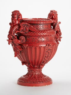 Antique Red Majolica Earthenware Twin Handled Vase, 19th Century