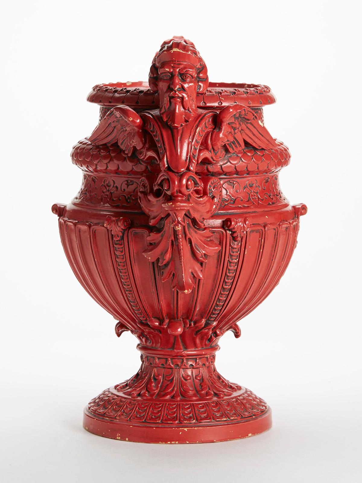 Glazed Antique Red Majolica Earthenware Twin Handled Vase, 19th Century