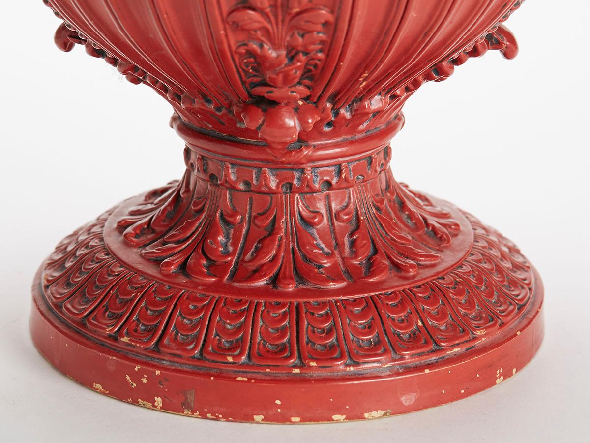 Antique Red Majolica Earthenware Twin Handled Vase, 19th Century 3