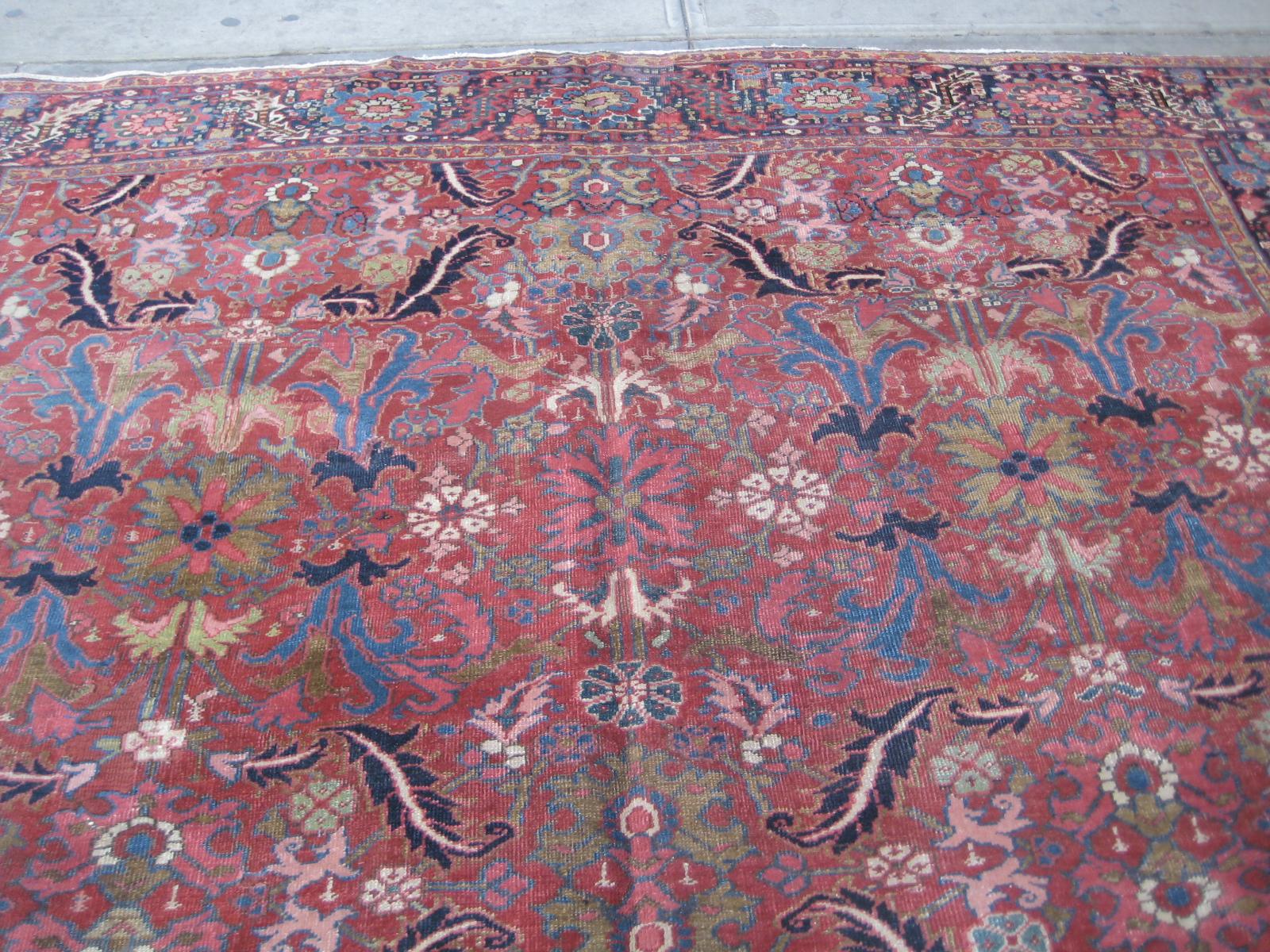Hand-Knotted Antique Red Navy Blue Green Geometric Tribal Persian Heriz Rug, circa 1930s For Sale