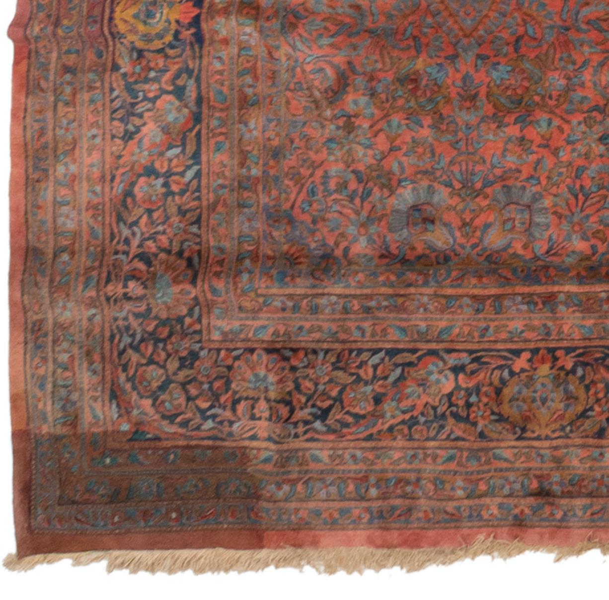 Antique Red Navy Blue Persian Manchester Wool Kashan Large Area Rug In Good Condition For Sale In New York, NY
