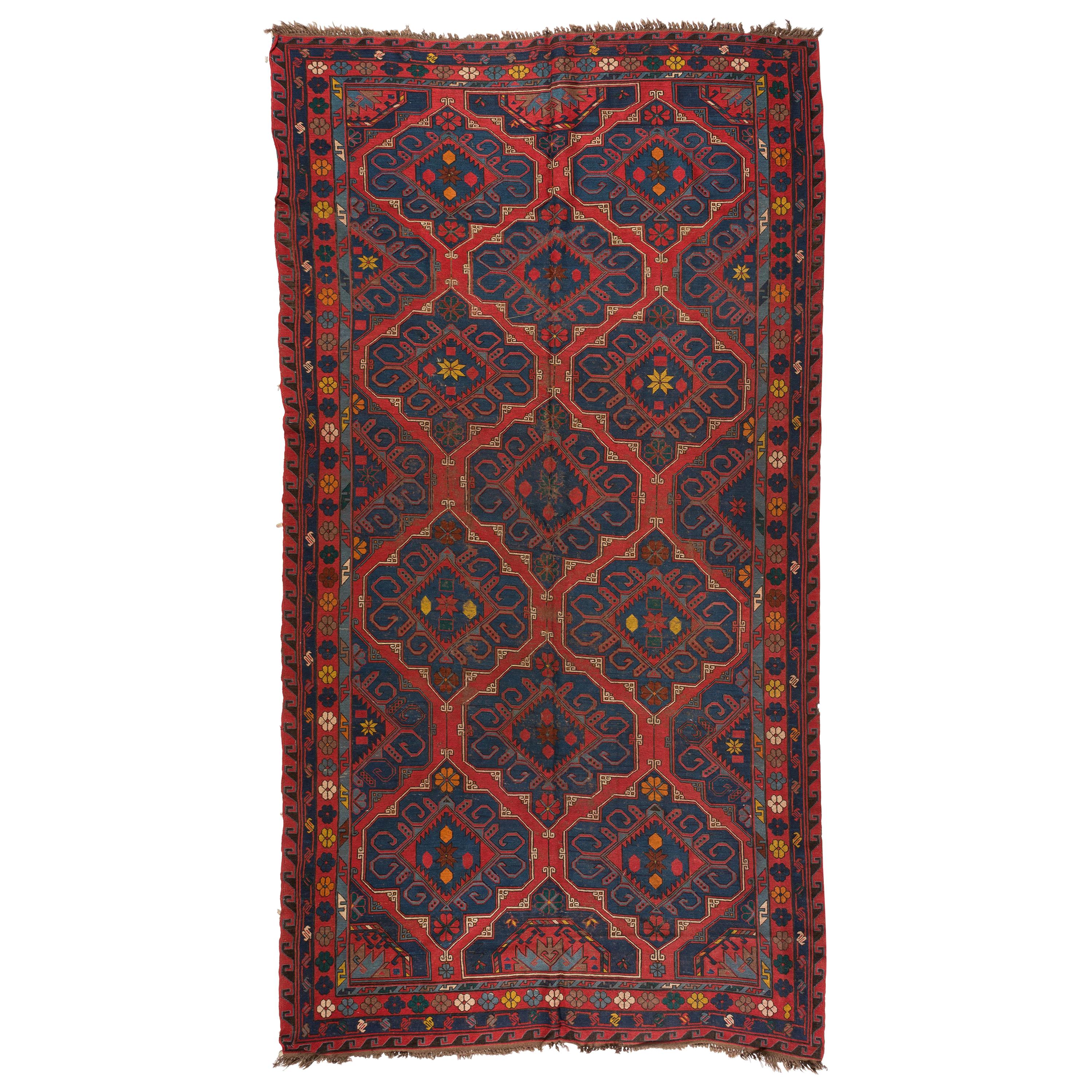 Antique Red Navy Geometric Tribal Flat-Weave Caucasian Soumak Rug For Sale