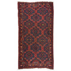 Antiker roter marineblauer geometrischer flachgewebter kaukasischer Soumak-Teppich