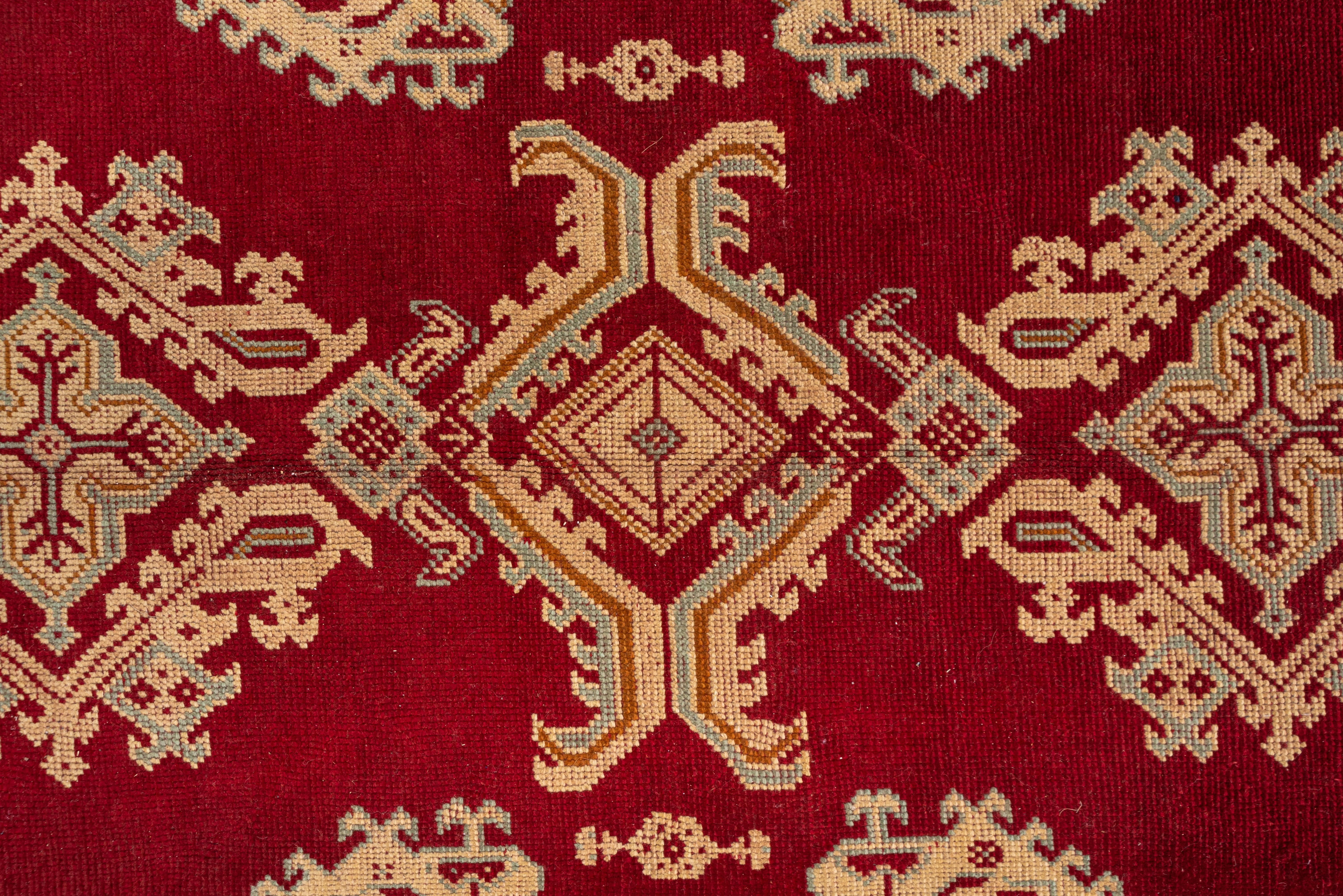 Hand-Knotted Antique Red Oushak Rug, Gold Borders, All-Over Field with Leaf Pattern For Sale