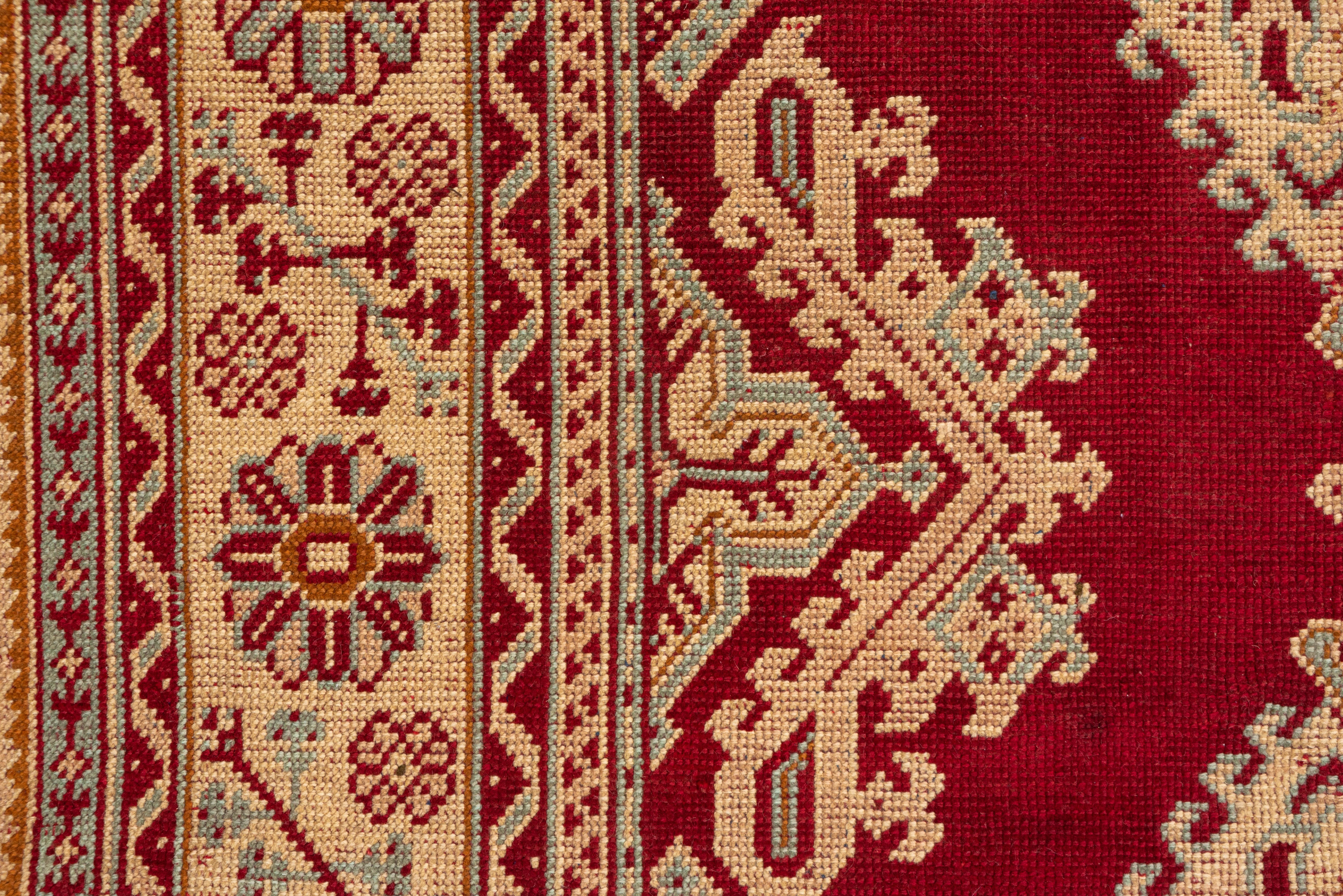 Mid-20th Century Antique Red Oushak Rug, Gold Borders, All-Over Field with Leaf Pattern For Sale