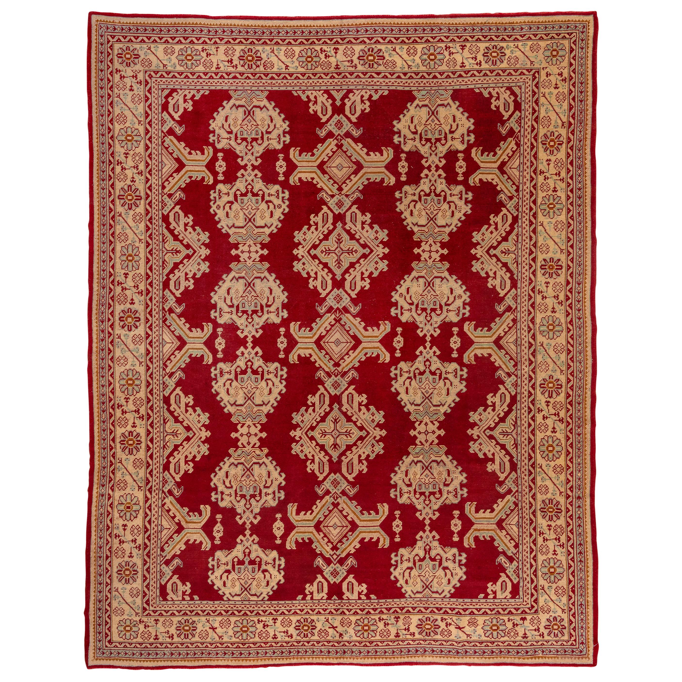 Antique Red Oushak Rug, Gold Borders, All-Over Field with Leaf Pattern For Sale