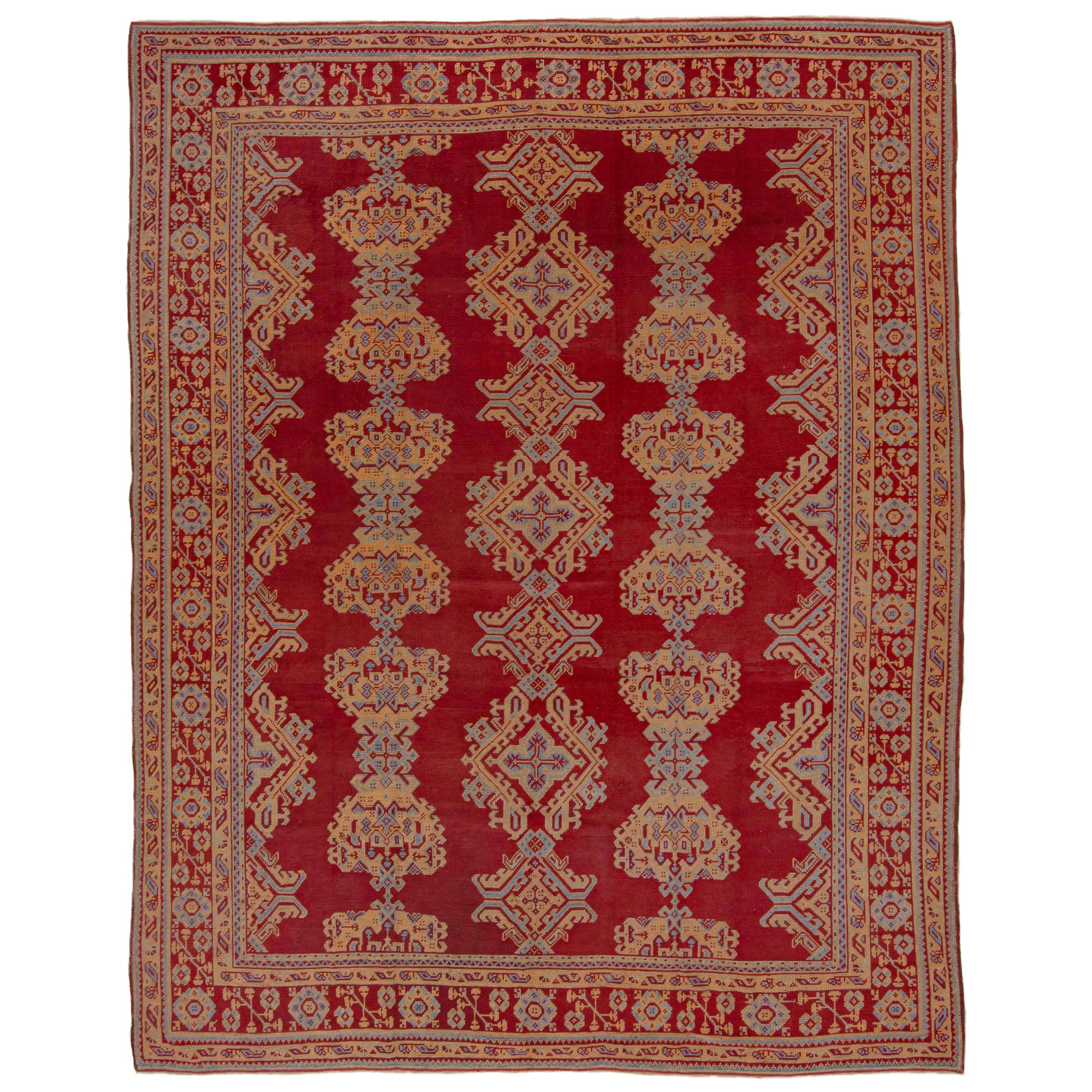 Antique Red Oushak Rug with Orange & Blue Borders, Circa 1920s