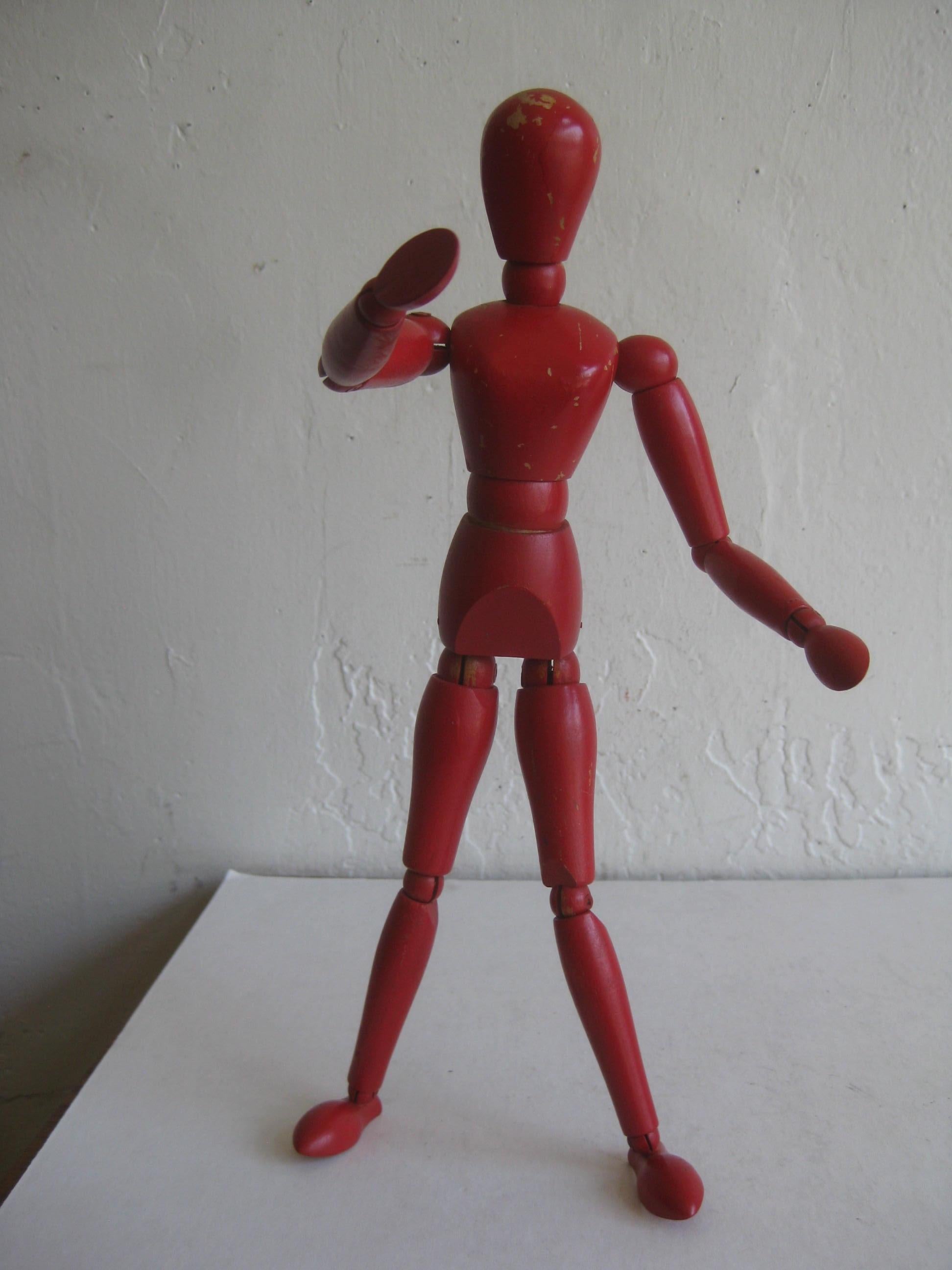 Antike rot bemalte, gegliederte, nackte Künstler-Skulptur-Statue aus Holz, Skulpturmodell im Angebot 7