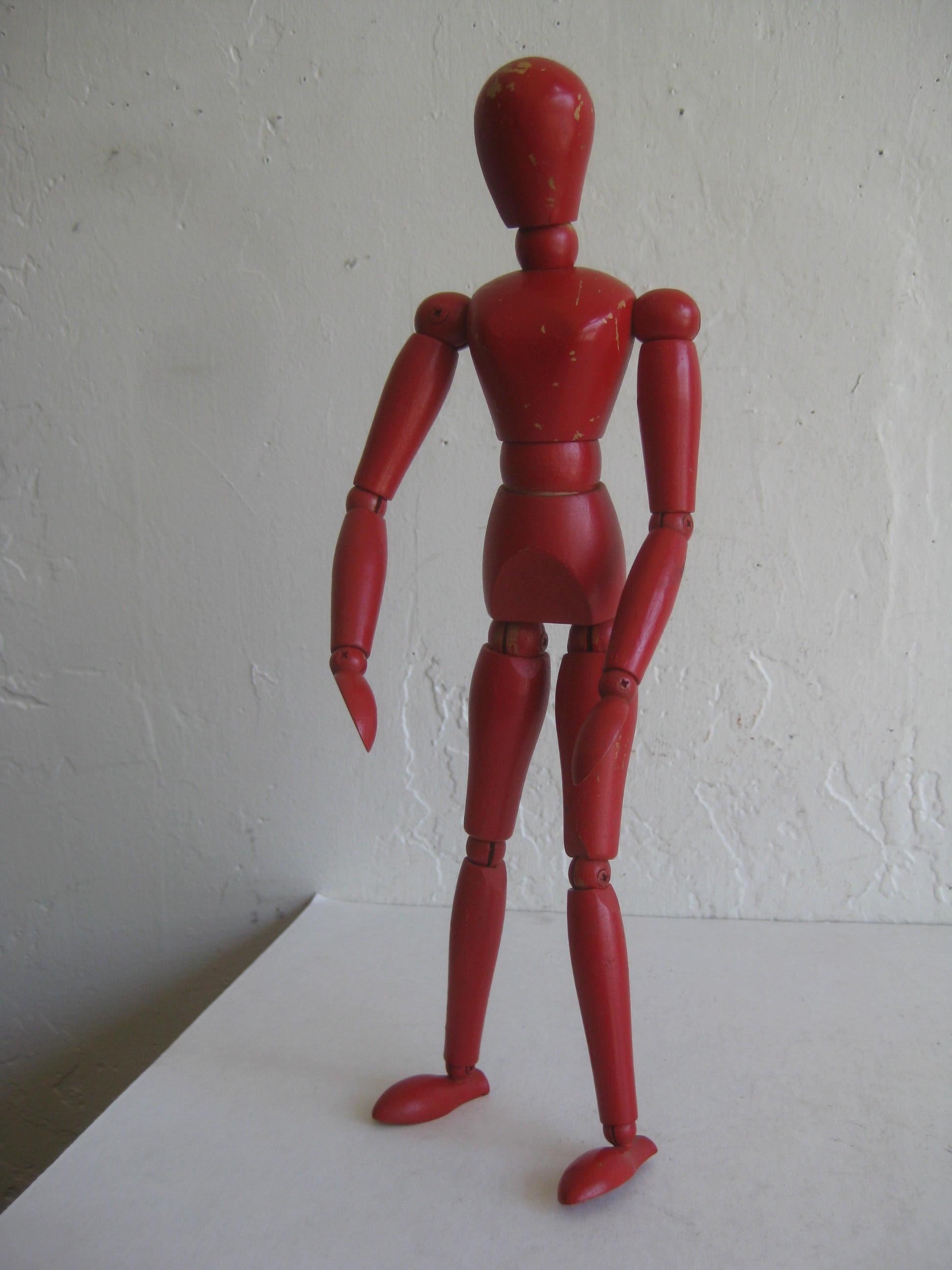 Antike rot bemalte, gegliederte, nackte Künstler-Skulptur-Statue aus Holz, Skulpturmodell im Angebot 1