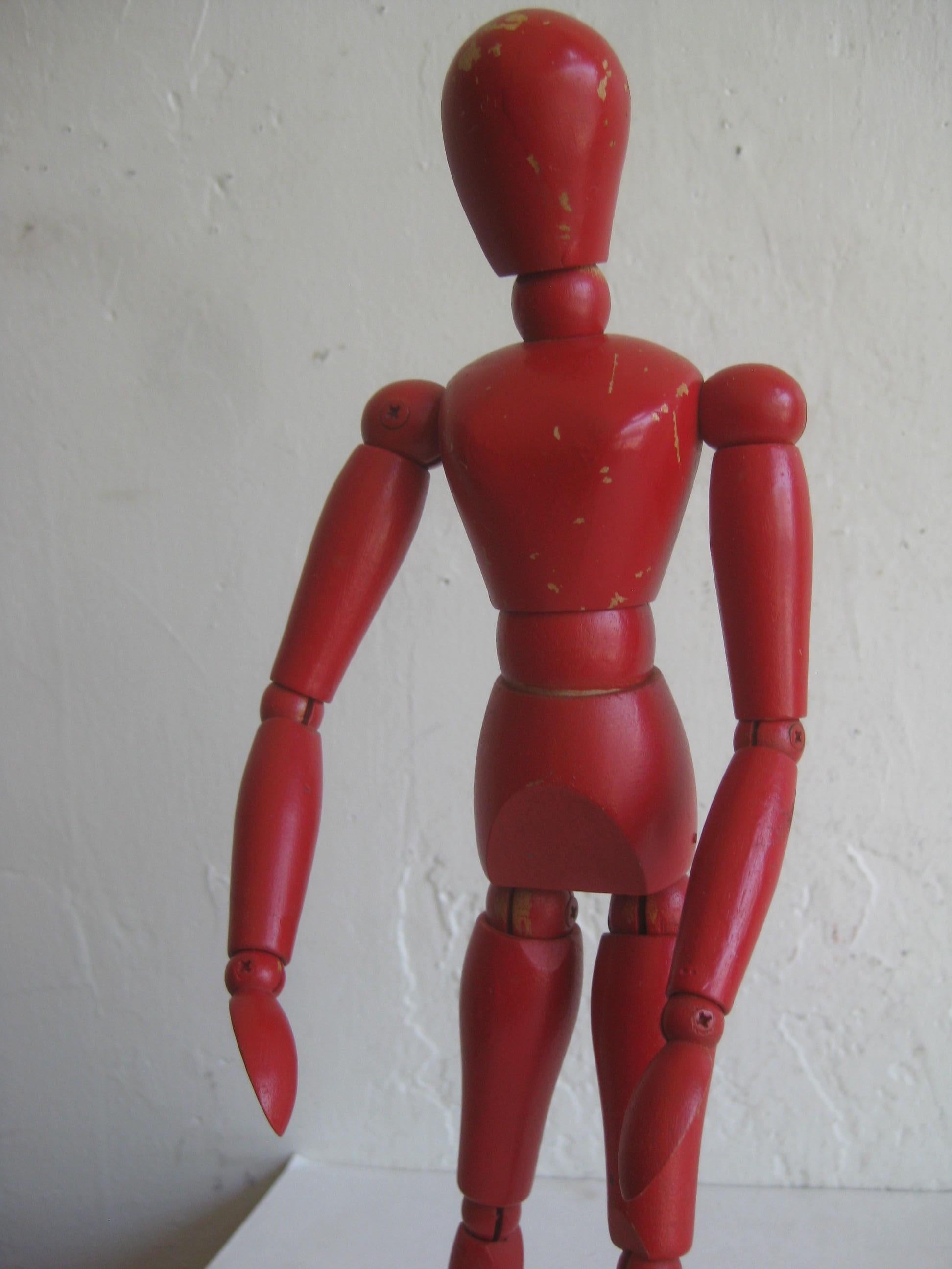 Antique Red Painted Articulated Wood Nude Artist Figural Model Sculpture Statue In Good Condition For Sale In San Diego, CA