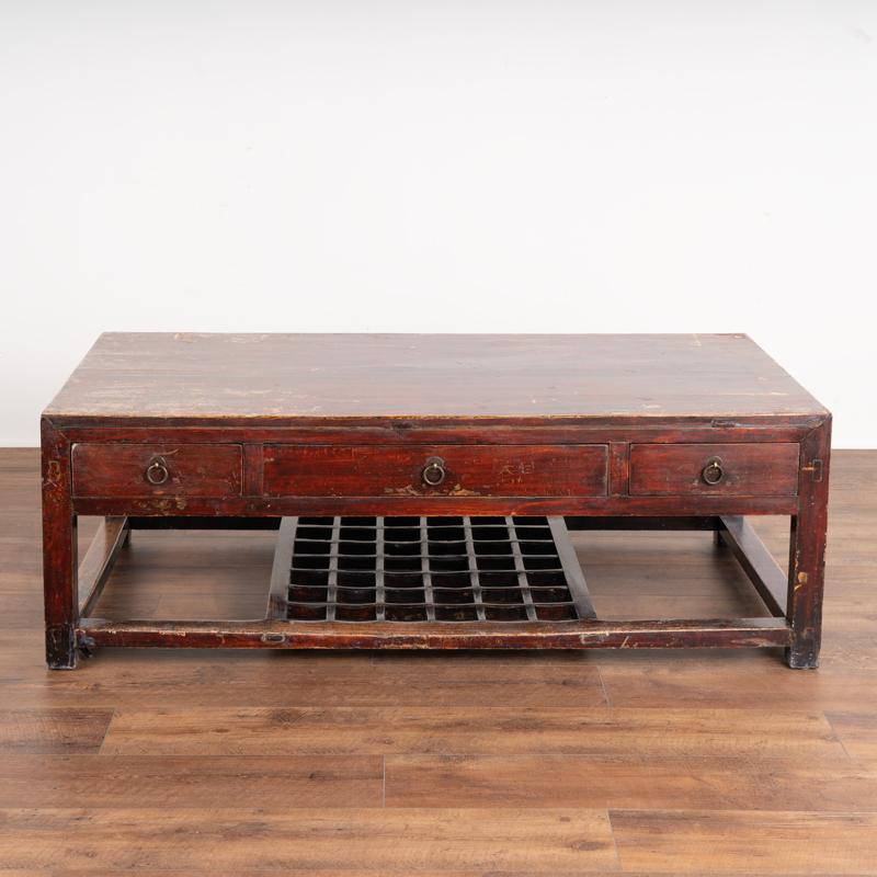 Antique Red Painted Coffee Table with Three Drawers from China In Good Condition In Round Top, TX