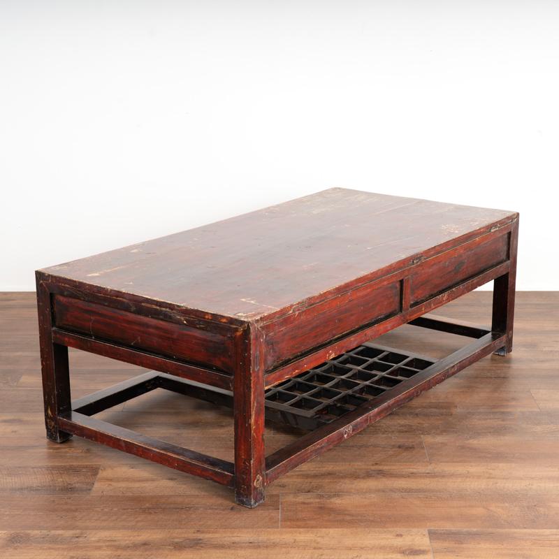 19th Century Antique Red Painted Coffee Table with Three Drawers from China