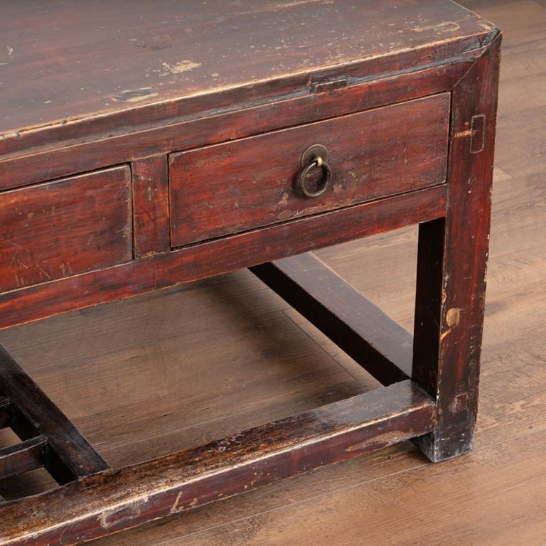 Antique Red Painted Coffee Table with Three Drawers from China For Sale