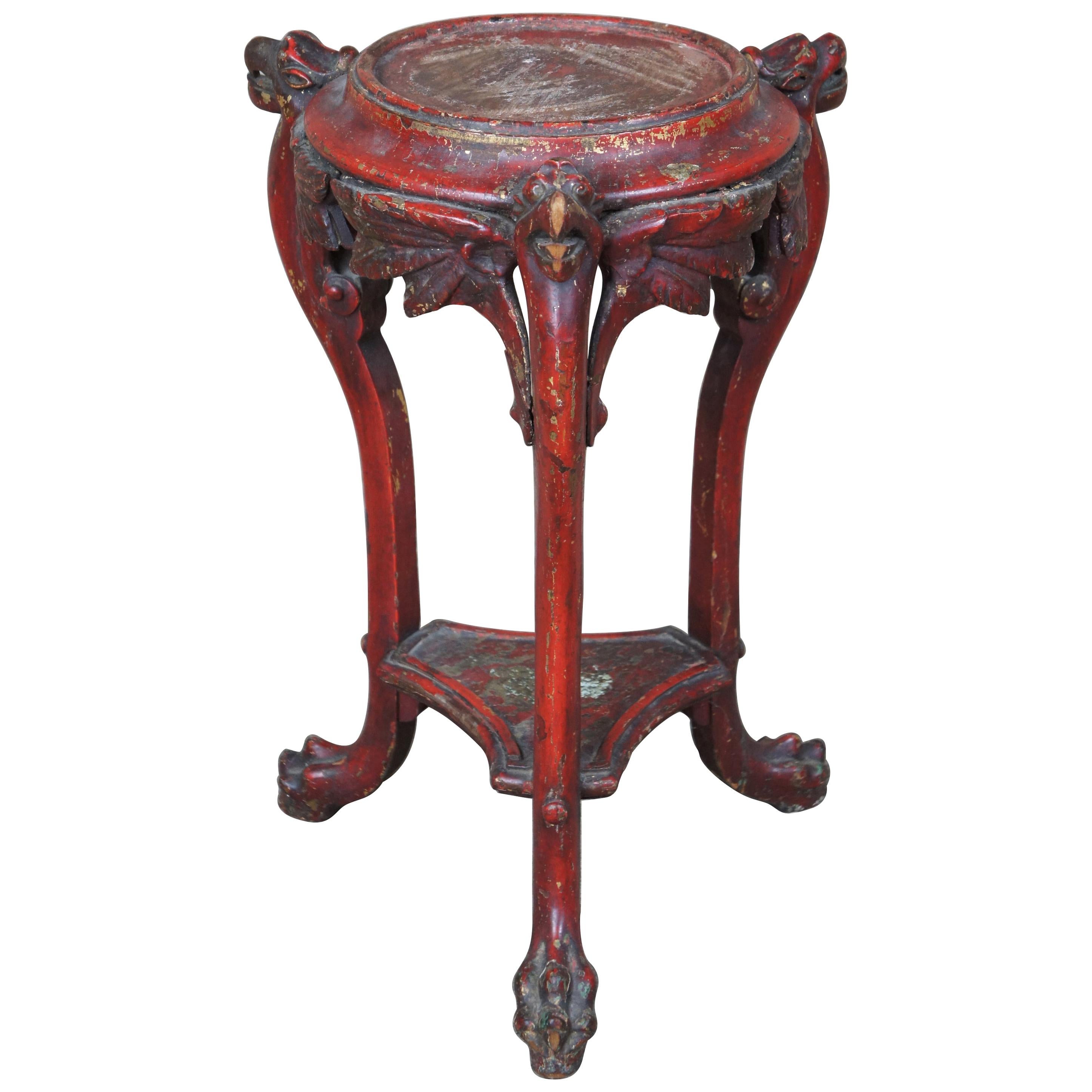 Antique Red Figural Dragon Pedestal Claw Foot Accent Table Plant Stand Griffin