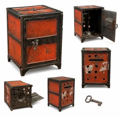 Antique Red Painted Metal Miniature Safe Coin Bank with Original Key, circa 1910