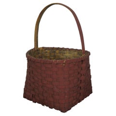 Antique Red Painted Woven Farmhouse Basket Country Kitchen Harvest Gathering