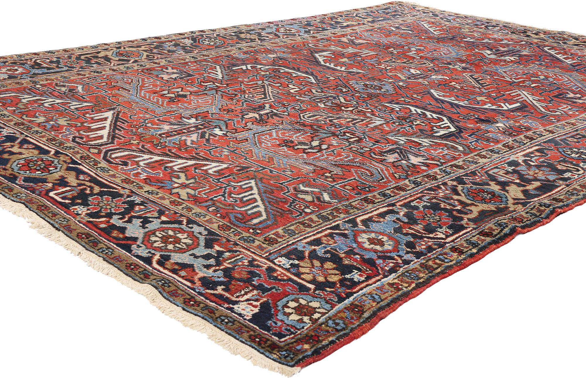 90009 Antique Red Persian Dragon Heriz Rug, 07'00 x 10'00. Step into a world of timeless elegance with this hand-knotted wool antique Persian Heriz dragon rug, a masterpiece that seamlessly blends intricate design with cultural symbolism. The rug