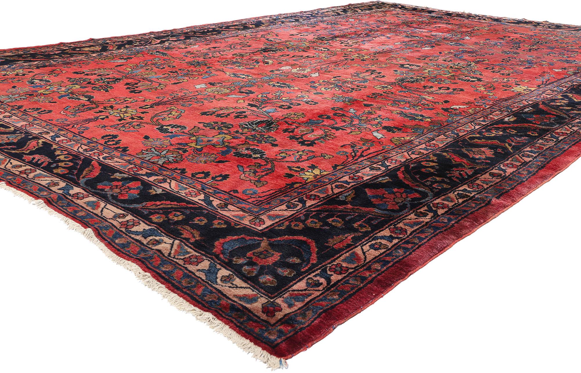 90024 Tapis persan ancien Sarouk Mahal, 10'08 x 16'09. Cet exquis tapis persan Sarouk Mahal en laine nouée à la main est une pièce magnifique qui combine admirablement l'art des traditions de tissage Sarouk et Mahal. La composition présente un motif