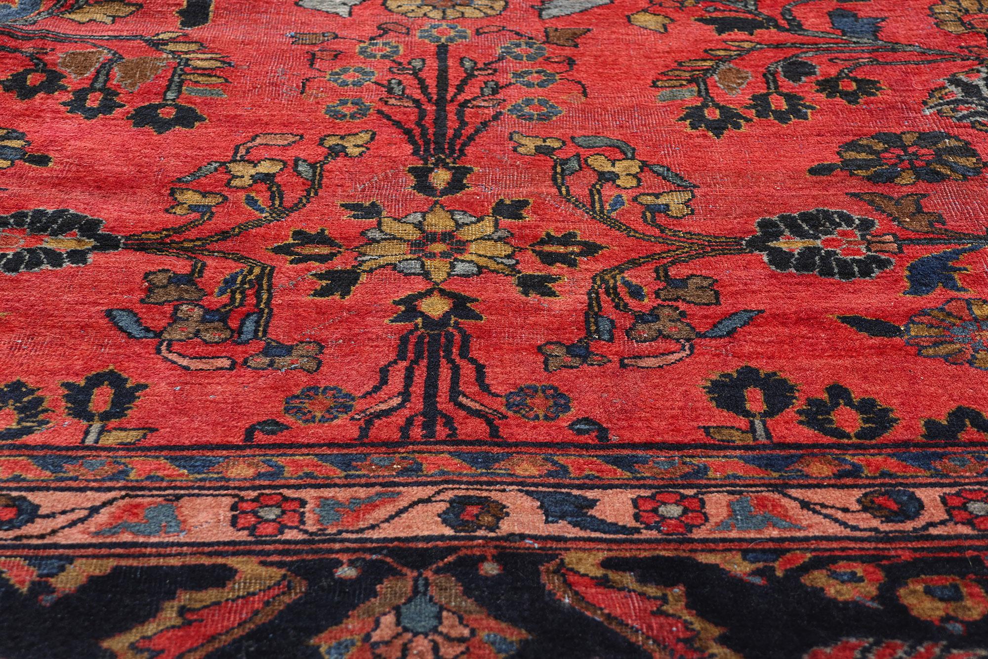 Noué à la main Tapis Sarouk persan ancien à fleurs rouges, 10'08 x 16'09 en vente
