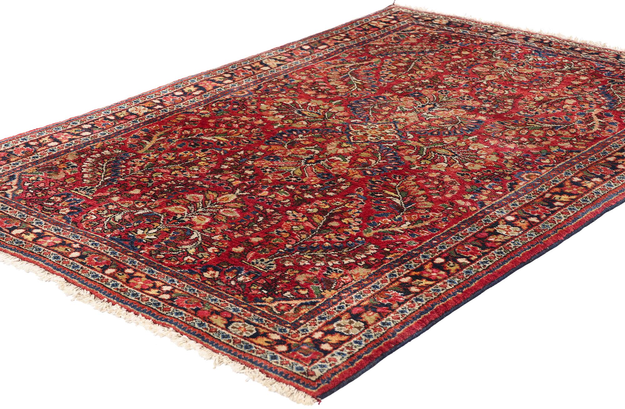 78914 Tapis sarouk persan vintage, 03'05 x 04'10. Découvrez la beauté enchanteresse de ce tapis sarouk persan vintage en laine noué à la main, un chef-d'œuvre qui capture l'essence de l'art persan avec ses couleurs vibrantes et ses motifs complexes.