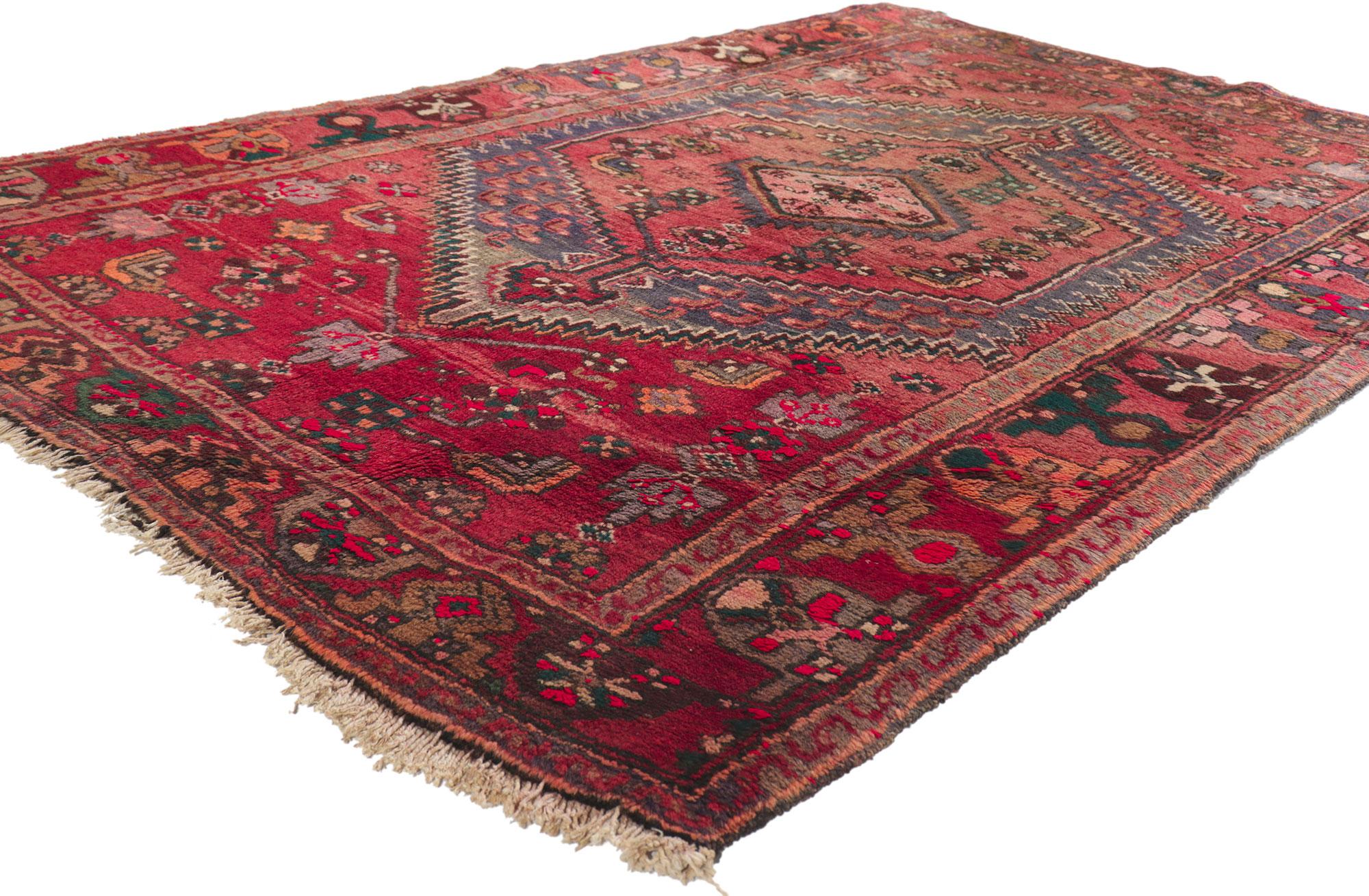 21692 Antique Red Persian Tribal Hamadan Rug, 04'03 x 06'06. Skillfully crafted and poised to leave a lasting impression with its rustic charm, this hand-knotted wool antique Persian Hamadan rug embodies a rich ancestoral history and heritage.
