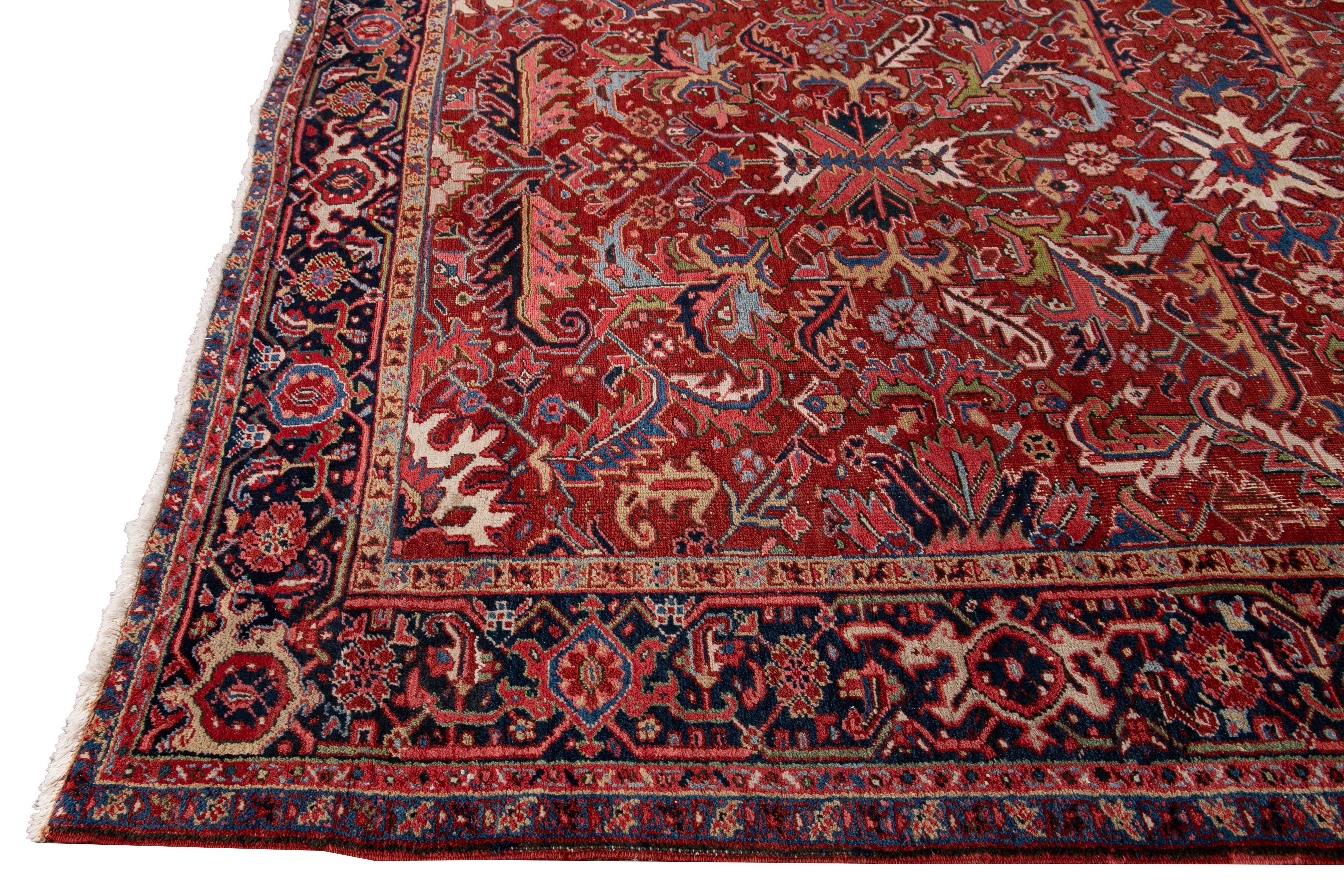 Heriz Serapi Antique Red Persian Heriz Handmade Floral Wool Rug For Sale