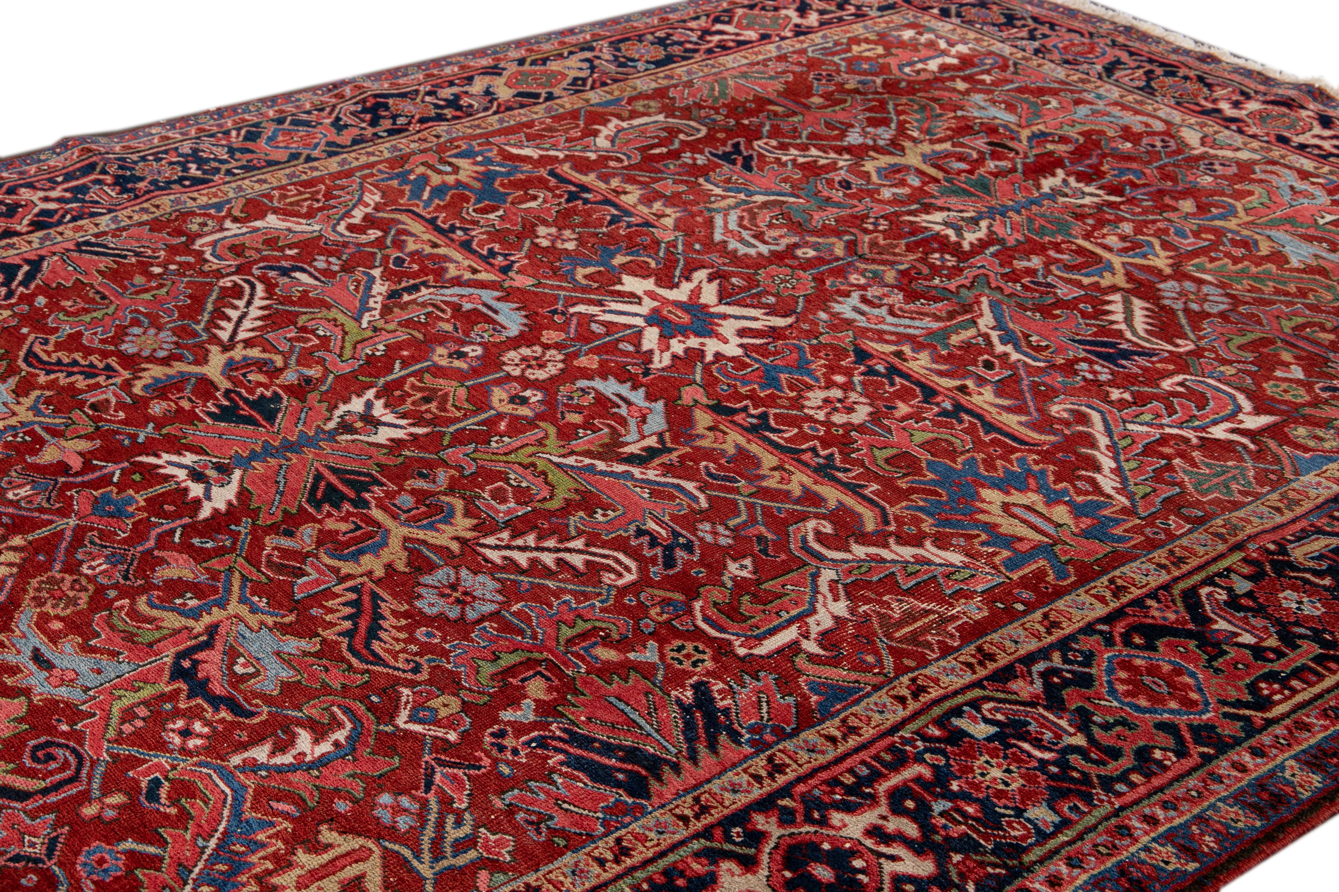 Hand-Knotted Antique Red Persian Heriz Handmade Floral Wool Rug For Sale