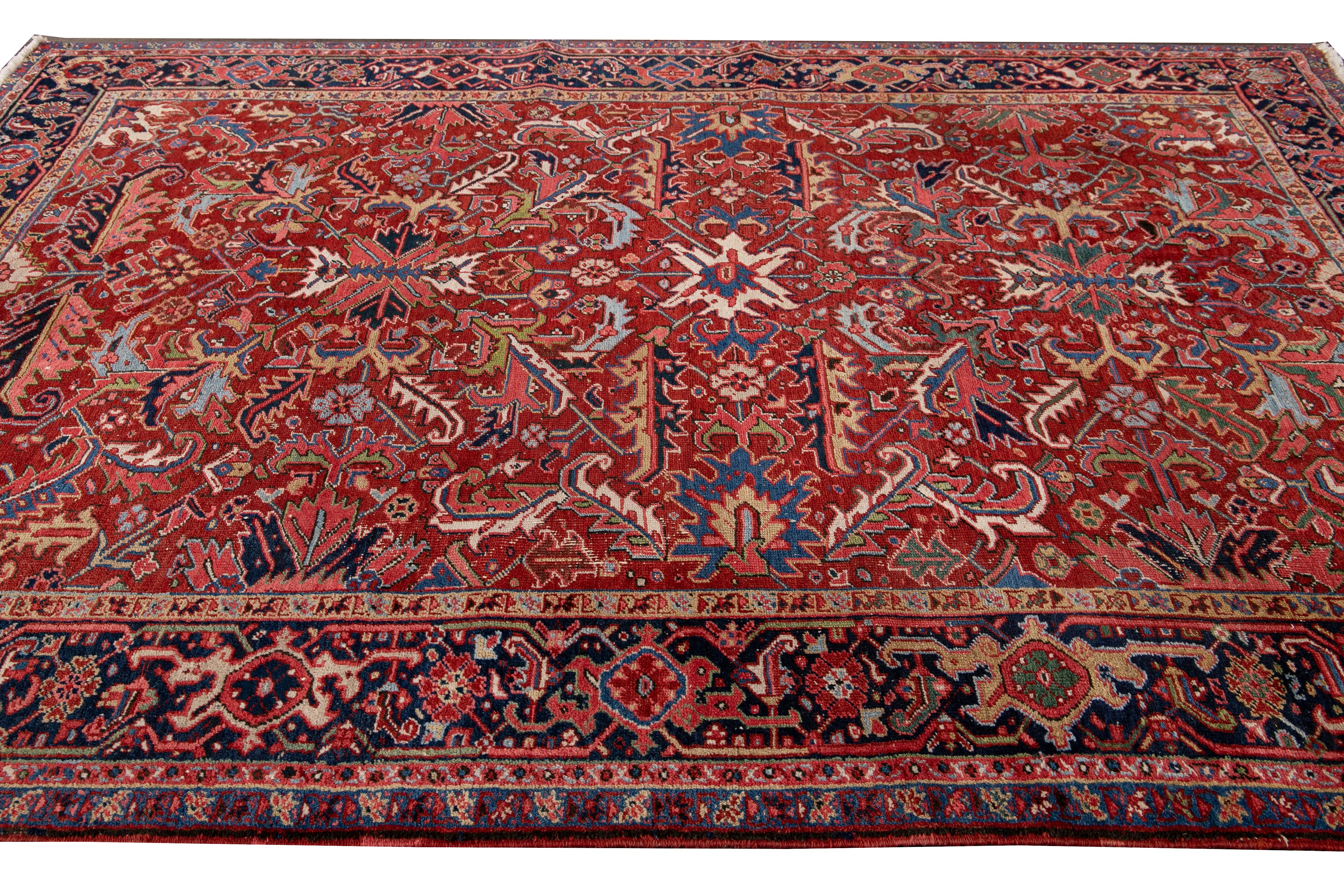 Antique Red Persian Heriz Handmade Floral Wool Rug In Good Condition For Sale In Norwalk, CT