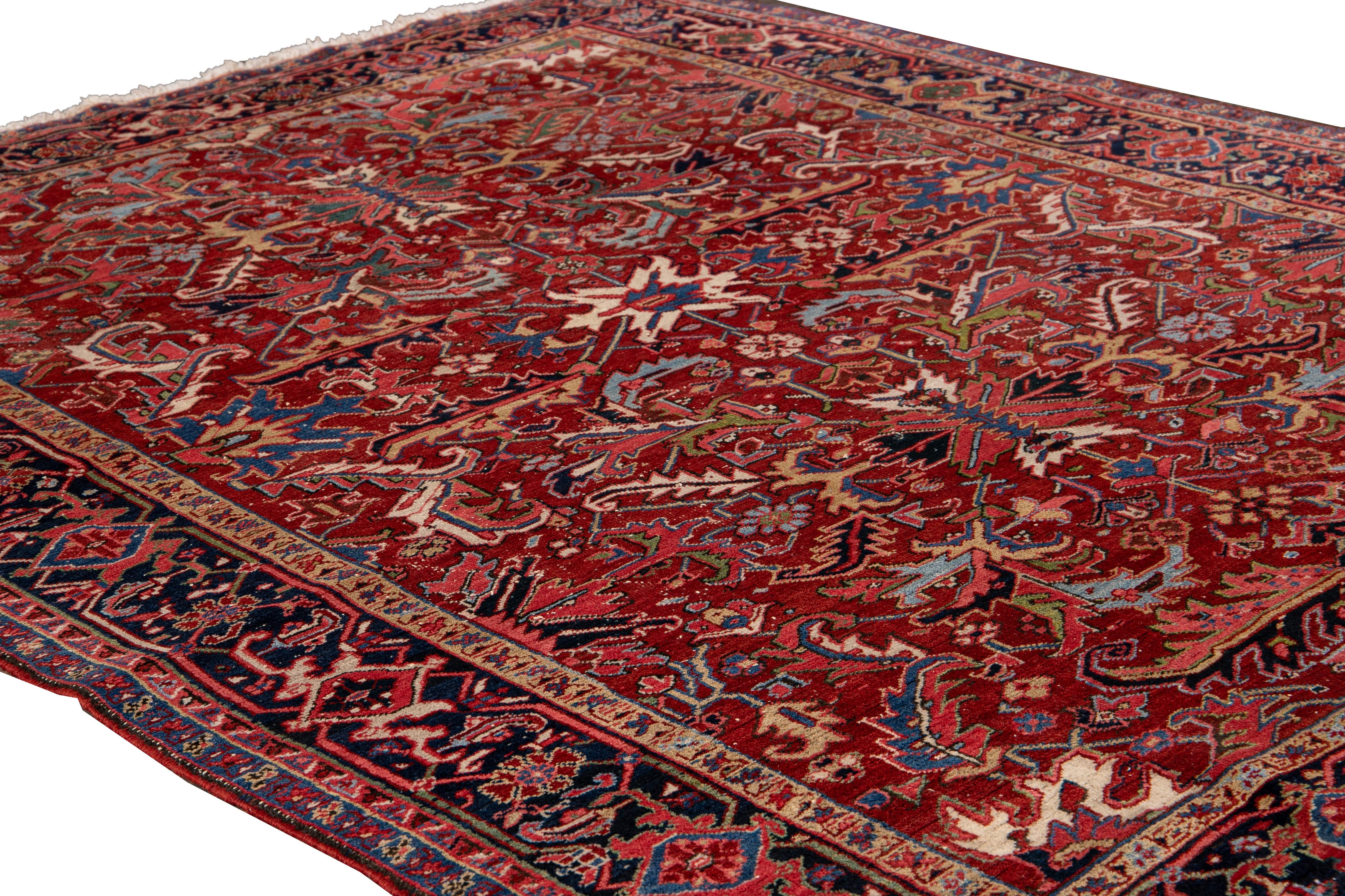 Early 20th Century Antique Red Persian Heriz Handmade Floral Wool Rug For Sale