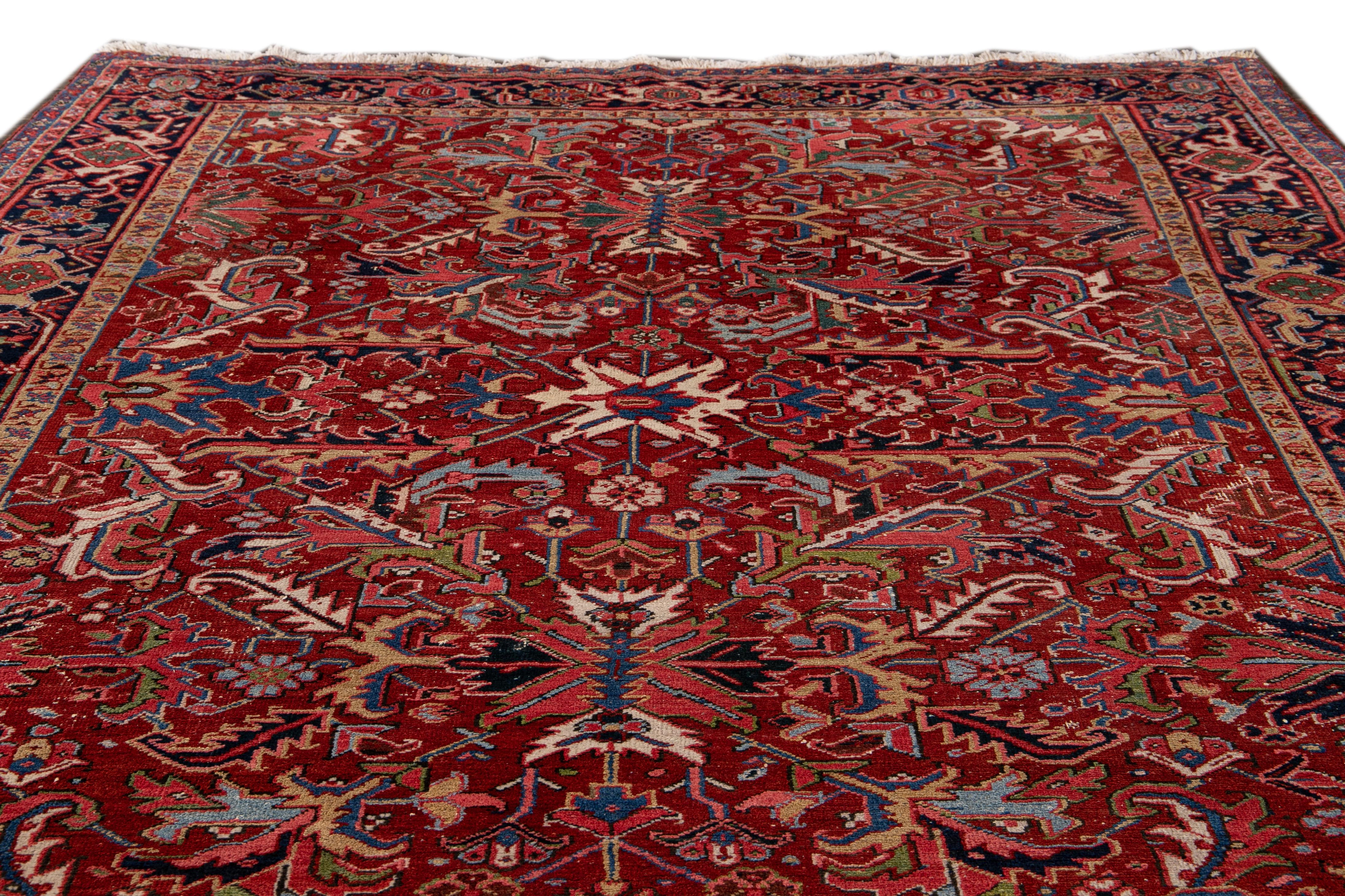 Antique Red Persian Heriz Handmade Floral Wool Rug For Sale 1