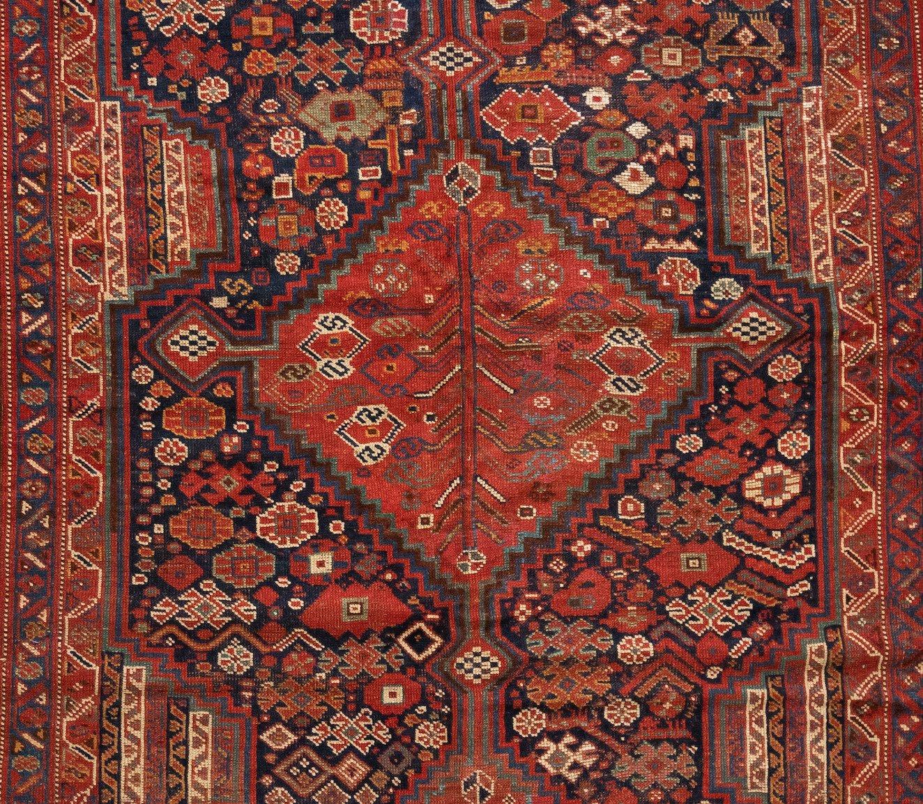 Hand-Knotted Antique Red Persian Khamseh Geometric Rug, circa 1920s-1930s For Sale