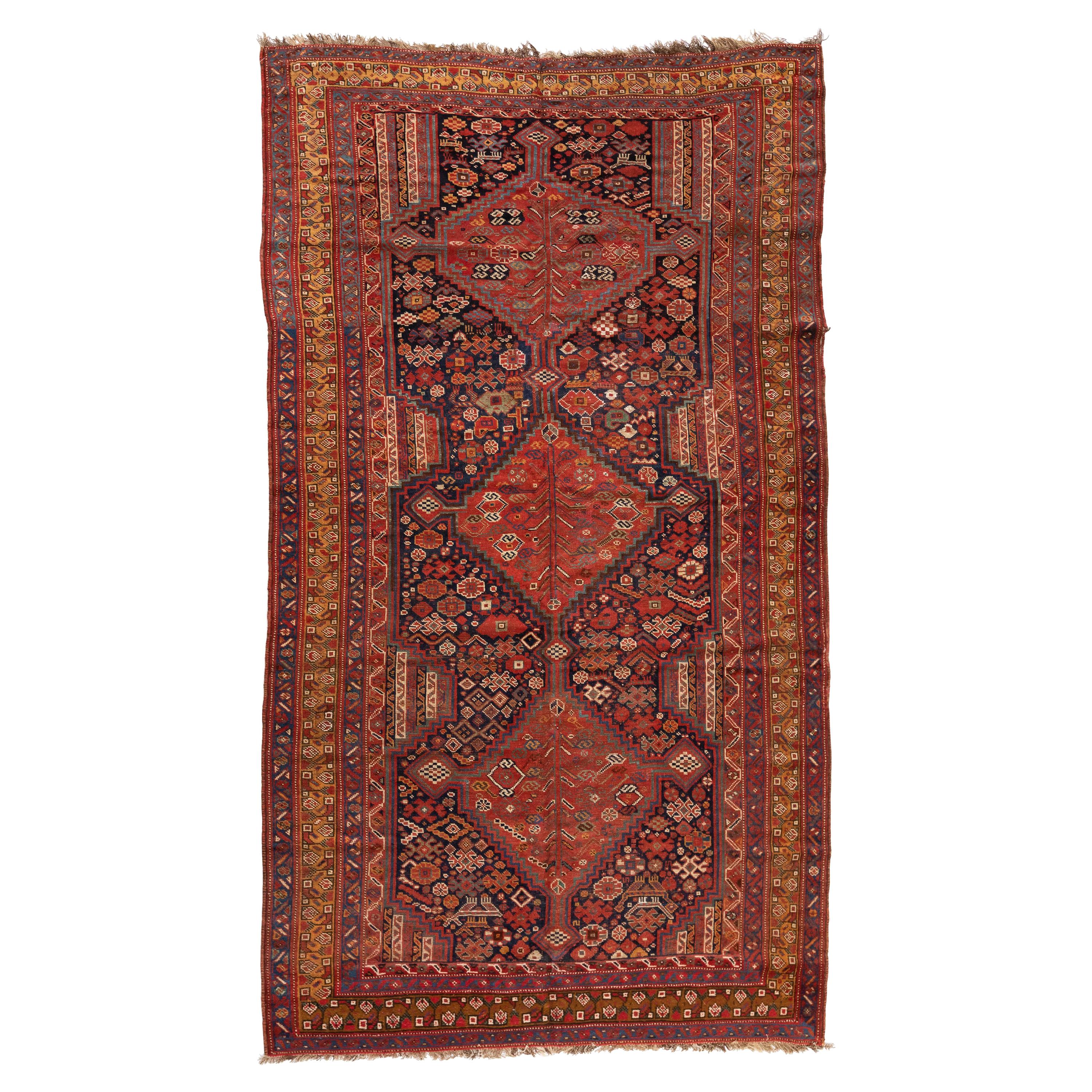 Antique Red Persian Khamseh Geometric Rug, circa 1920s-1930s For Sale