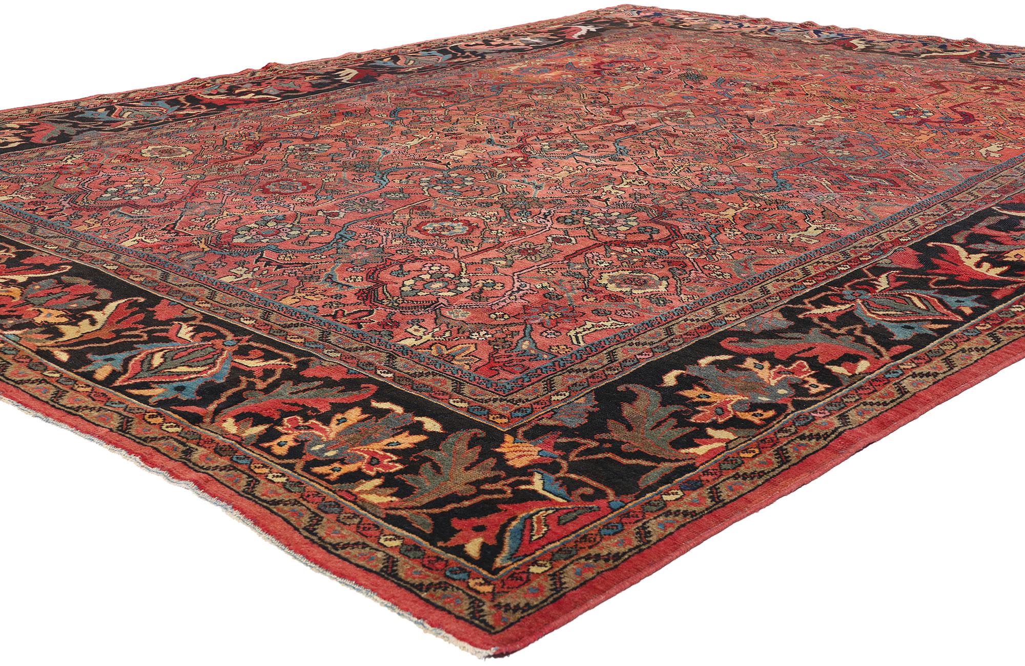 78930 Antiker persischer Mahal-Teppich, 08'10 x 11'08. Dieser atemberaubende, handgeknüpfte antike persische Mahal-Teppich aus Wolle ist ein meisterhaftes Beispiel persischer Kunstfertigkeit, mit seinem reichen roten Feld und seiner intimen Patina,