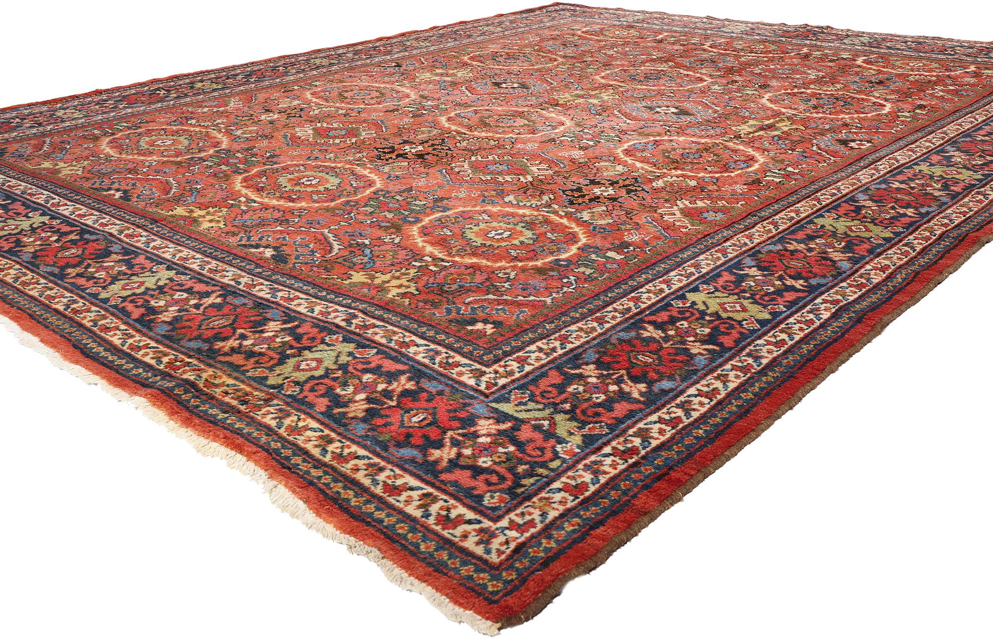 90029 Antiker persischer Mahal-Teppich, 10'09 x 13'11. Dieser handgeknüpfte antike persische Mahal-Teppich aus Wolle strahlt klassische Eleganz und traditionelle Raffinesse aus und fängt die Essenz einer vergangenen Ära ein. Das
