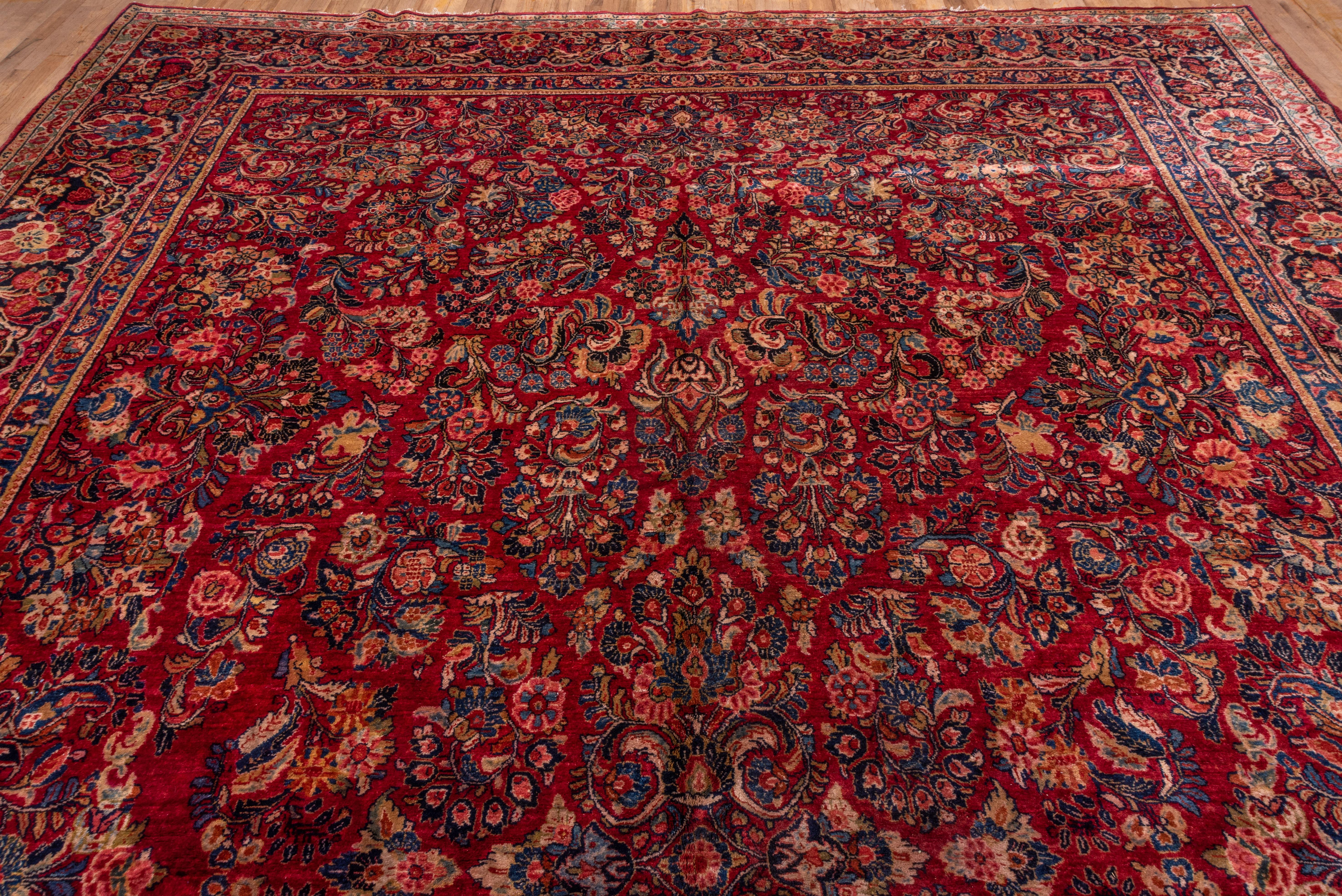 Hand-Knotted Antique Red Persian Sarouk Rug, All-Over Field, Silky Pile For Sale