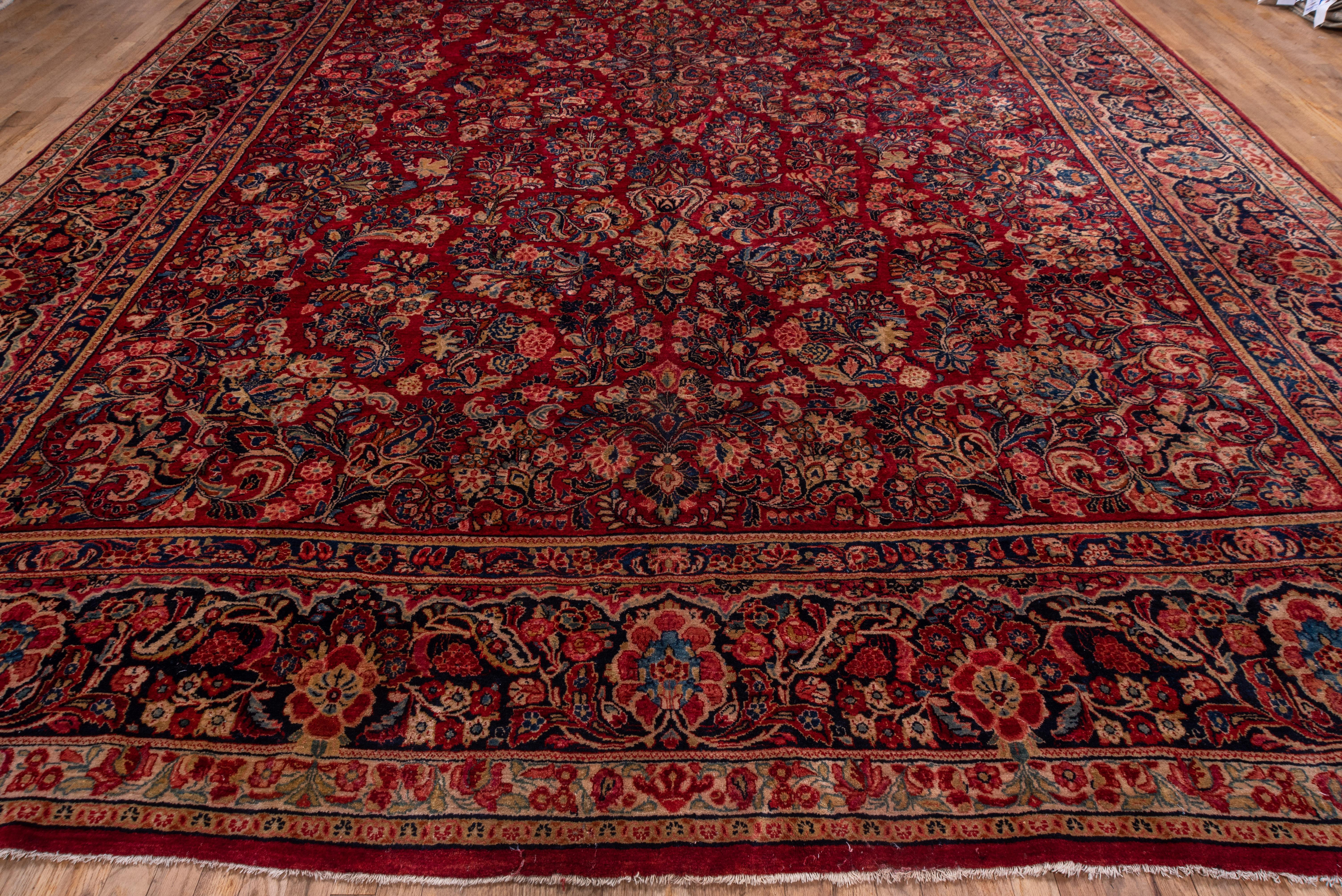Antique Red Persian Sarouk Rug, All-Over Field, Silky Pile In Good Condition For Sale In New York, NY