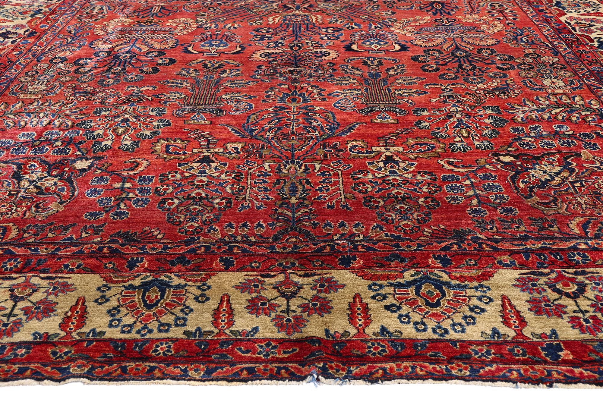 Hand-Knotted Antique Red Persian Sarouk Rug with Traditional Style For Sale