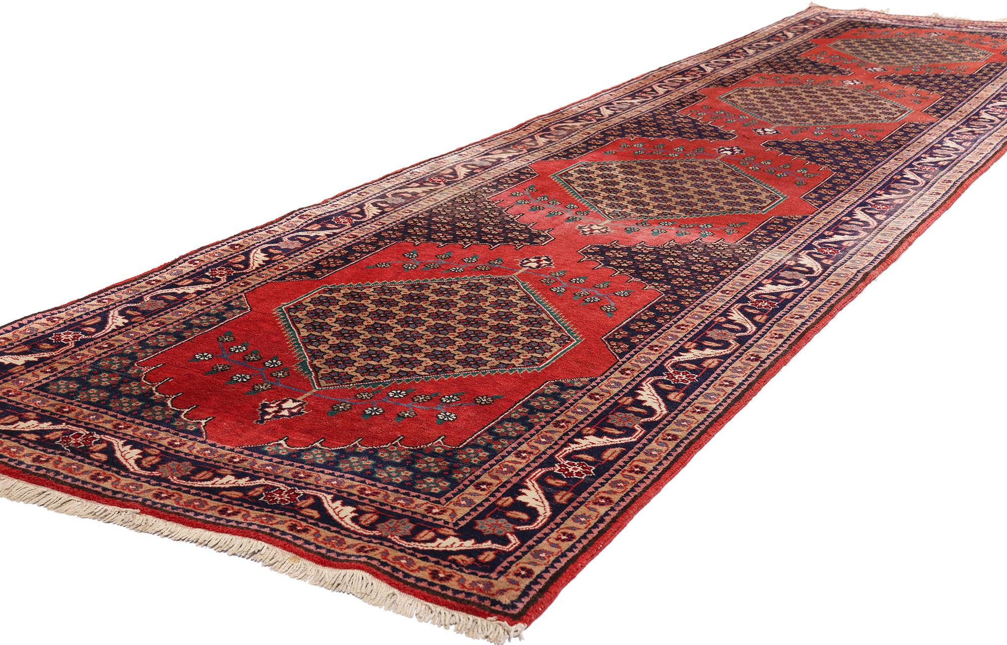 90030 Antique Red Persian Senneh Rug Runner, 04'04 x 13'02. Bathed in a sense of refined heritage and poised elegance, this hand-knotted wool one-of-kind, antique Persian Senneh rug runner is a triumph of timeless artistry. Its magnificent