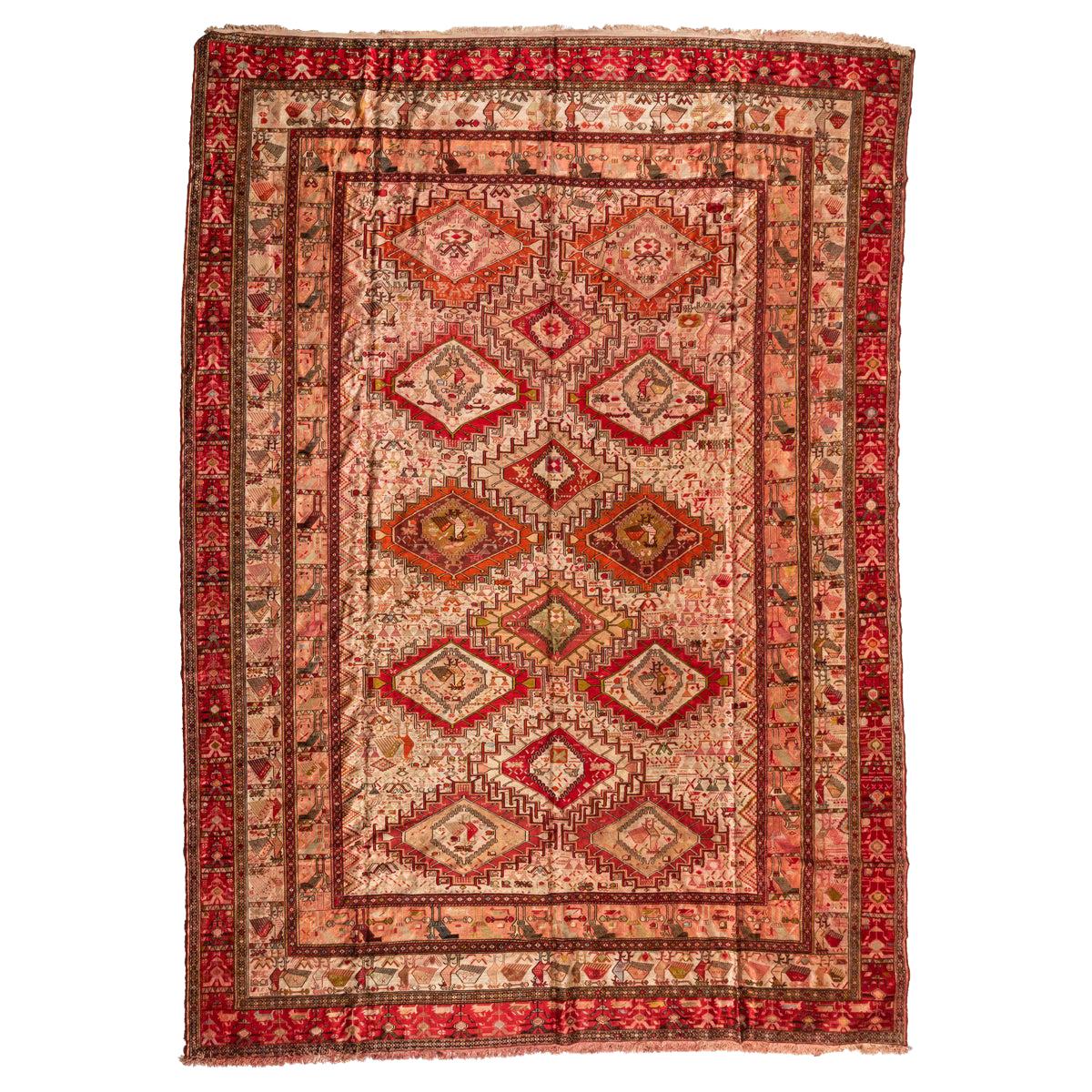 Antique Red Rose Pink Geometic Caucasian Silk Soumak Rug with Birds, circa 1960s For Sale